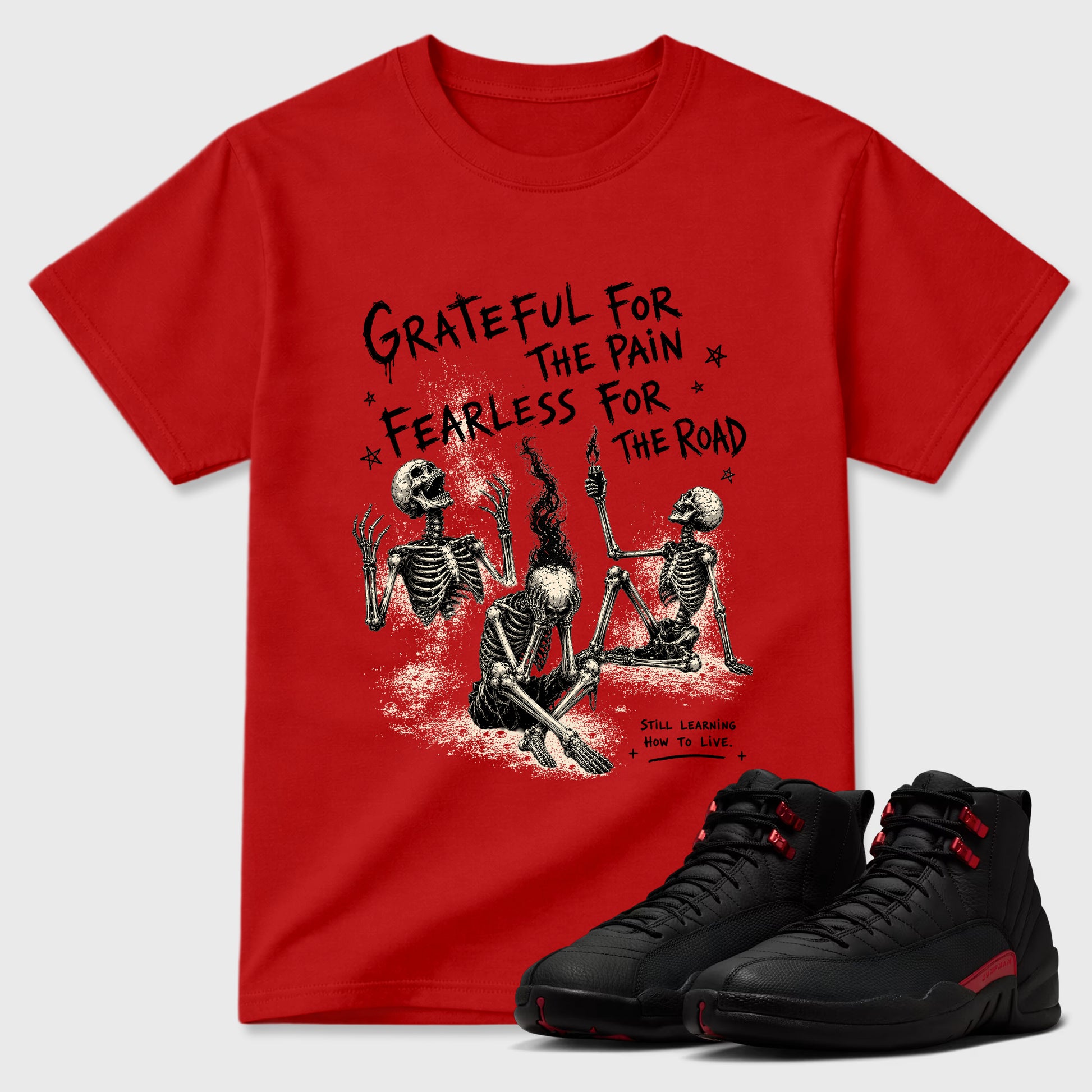 Sneakerfit Streetwear outfit, Sneaker Tees To Match Air Jordan 12 Bloodline – Fearless Road Graphic Tee Red 1