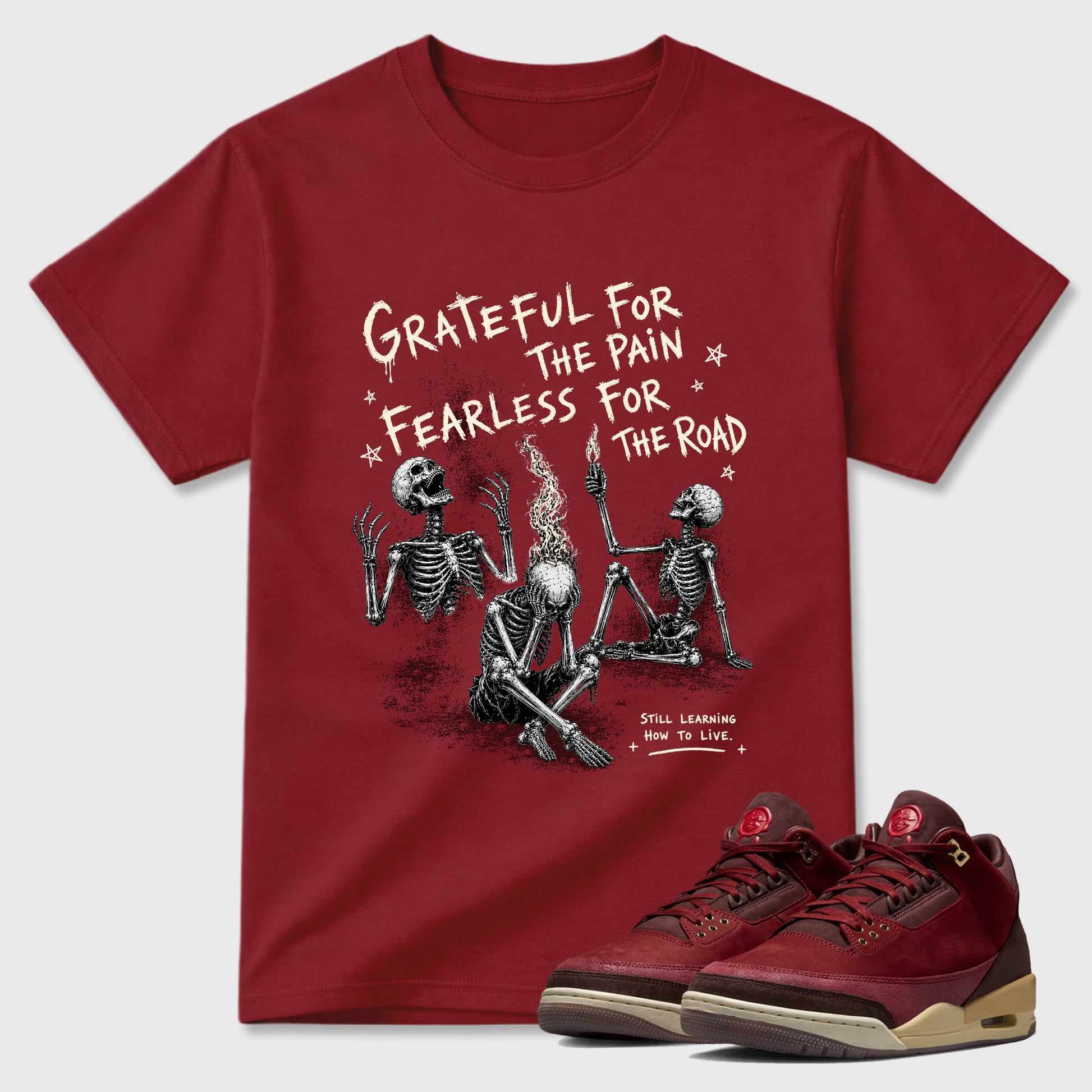 Fearless Road Graphic T-Shirt sneaker match tee designed for the Air Jordan 3 Bin 23, featuring coordinated color options for a perfect streetwear match. Cardinal 1 shirt.