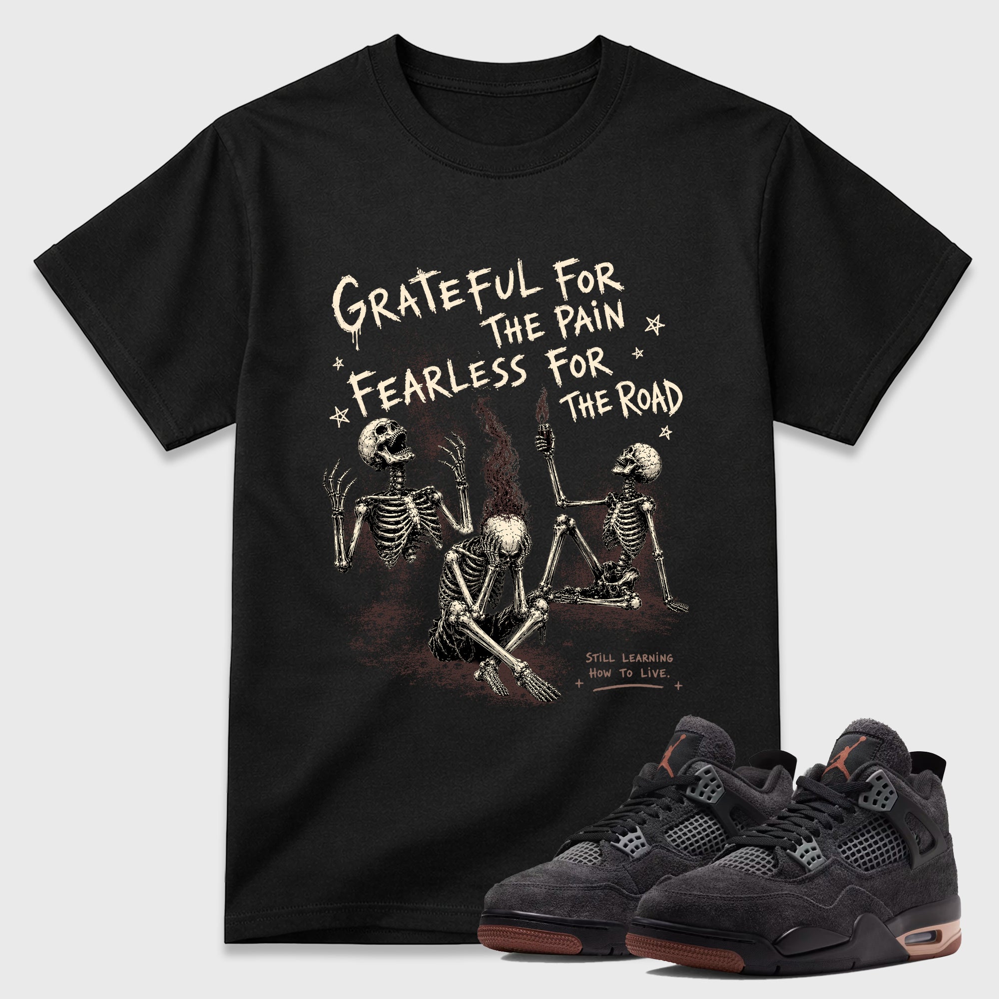 Fearless Road Graphic T-Shirt featuring original streetwear artwork designed to match the Air Jordan 4 London. Black 1 Graphic T-Shirt.