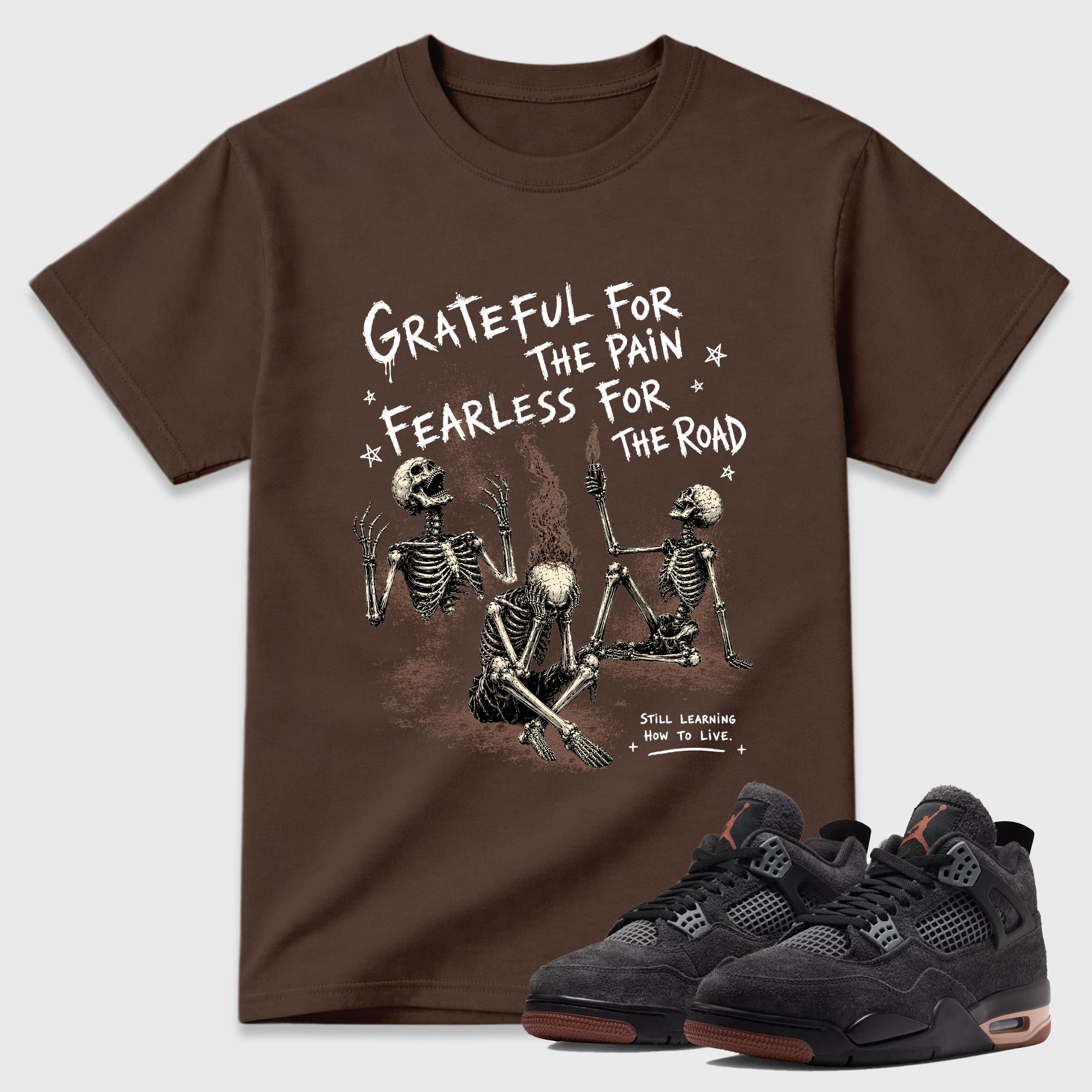 Fearless Road Graphic T-Shirt featuring original streetwear artwork designed to match the Air Jordan 4 London. Dark Chocolate 1 Graphic T-Shirt.