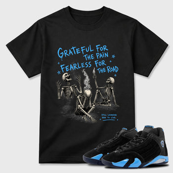 Sneakerfit Streetwear outfit, Sneaker Tees To Match Air Jordan 5 Black University Blue – Fearless Road Graphic Tee Black 1