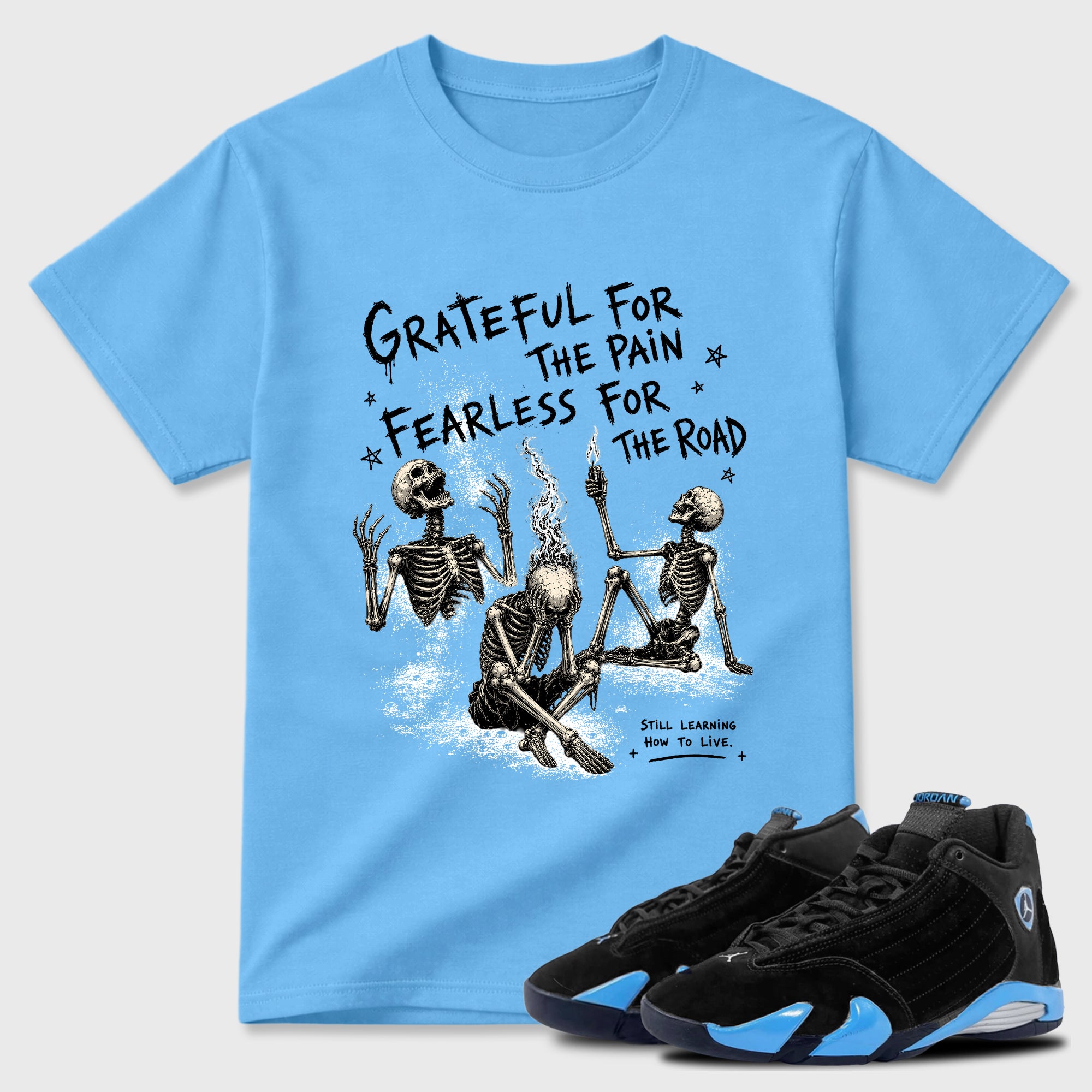Sneakerfit Streetwear outfit, Sneaker Tees To Match Air Jordan 5 Black Carolina Fearless Road Graphic Tee Carolina Blue 1