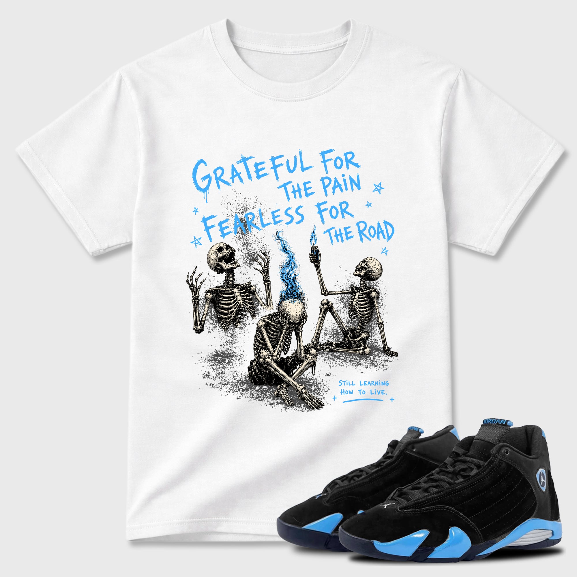 Sneakerfit Streetwear outfit, Sneaker Tees To Match Air Jordan 5 Black Carolina Fearless Road Graphic Tee White 1