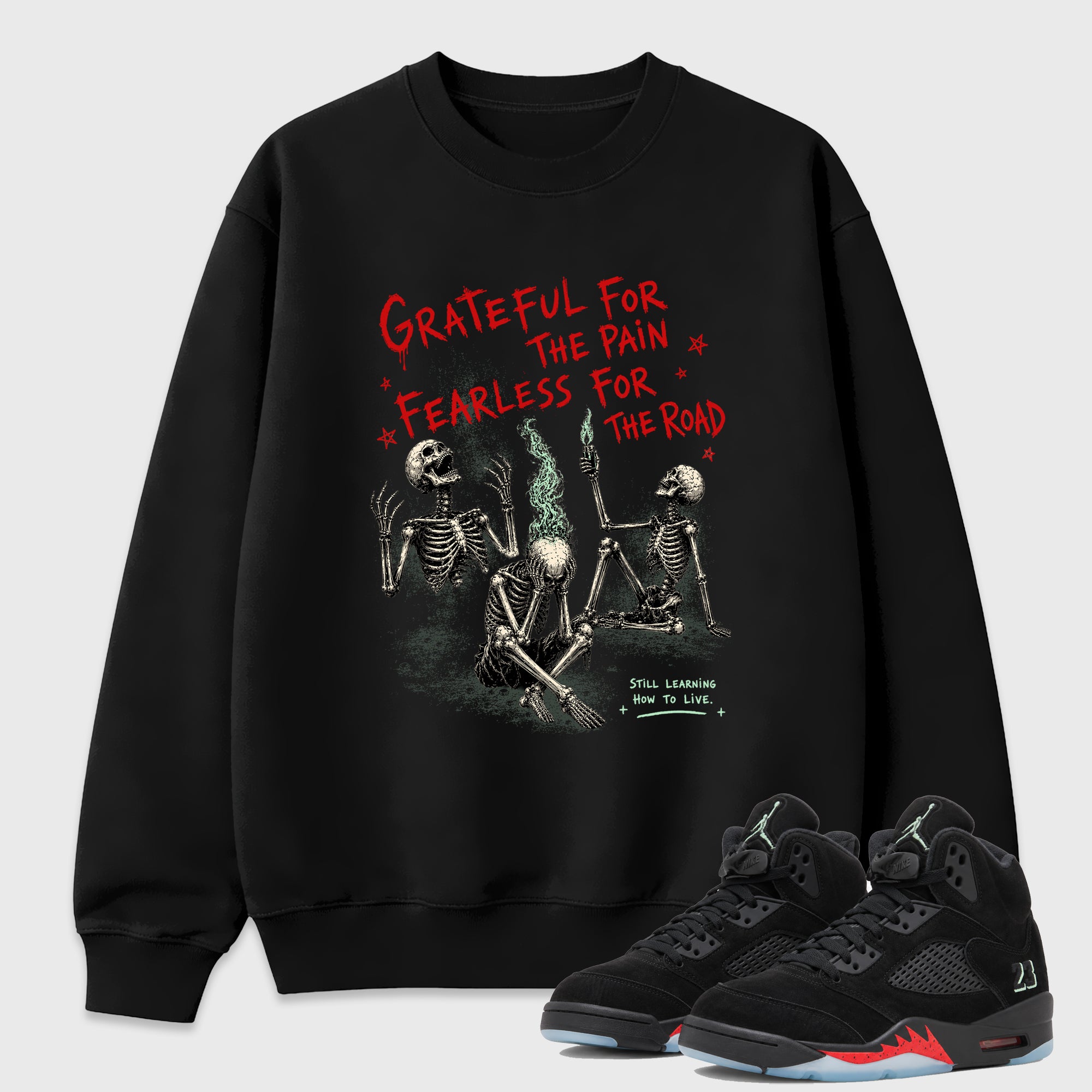Fearless Road Graphic T-Shirt featuring original streetwear artwork designed to match the Air Jordan 5 Halloween. Black 1 Graphic Tee.