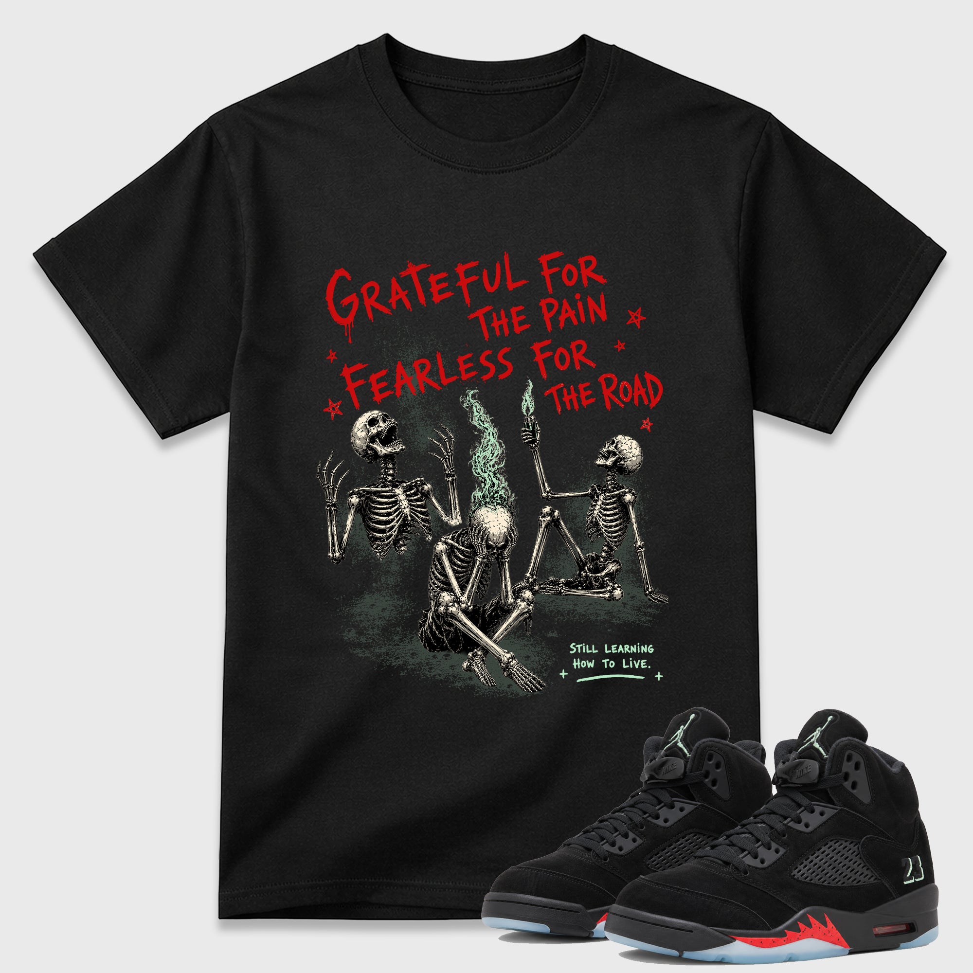 Fearless Road Graphic T-Shirt featuring original streetwear artwork designed to match the Air Jordan 5 Halloween. Black 1 Graphic T-Shirt.
