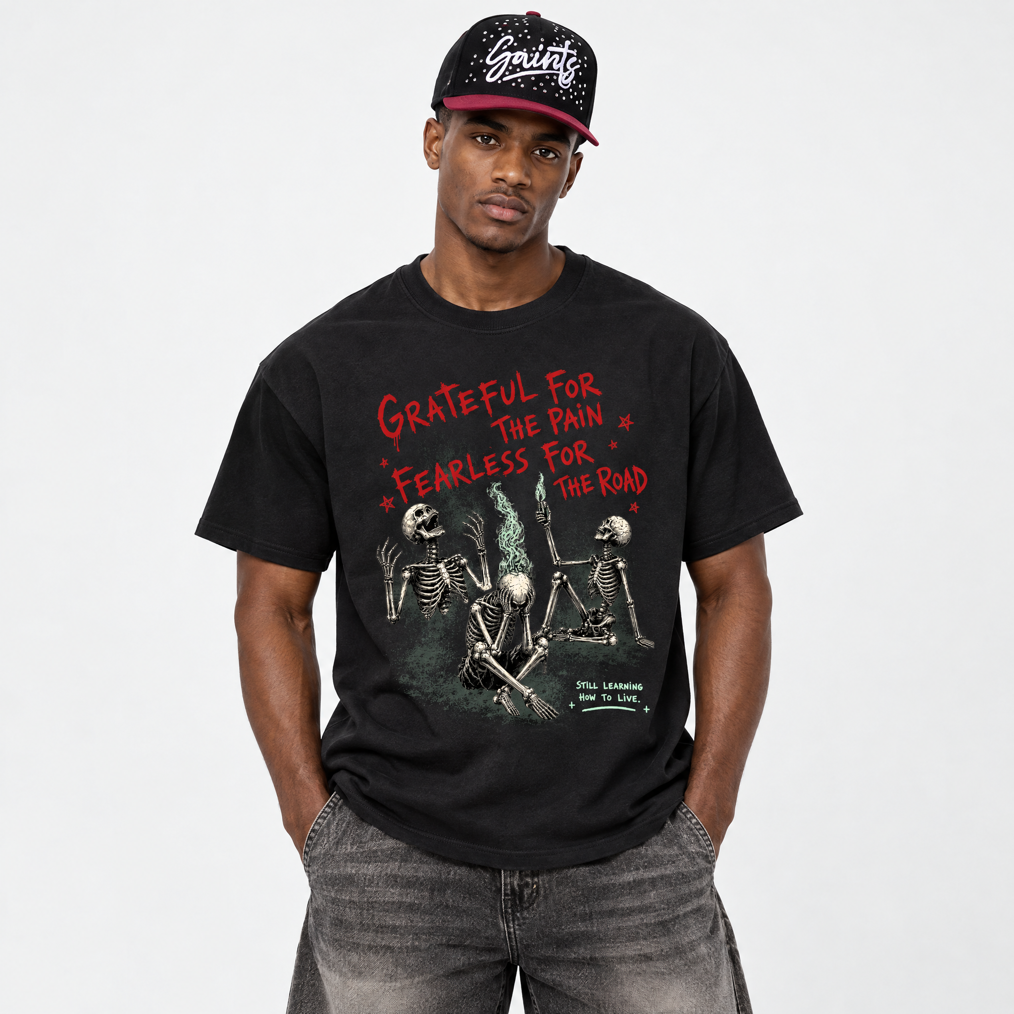 Fearless Road Graphic T-Shirt featuring original streetwear artwork designed to match the Air Jordan 5 Halloween. Black 1 Graphic T-Shirt.