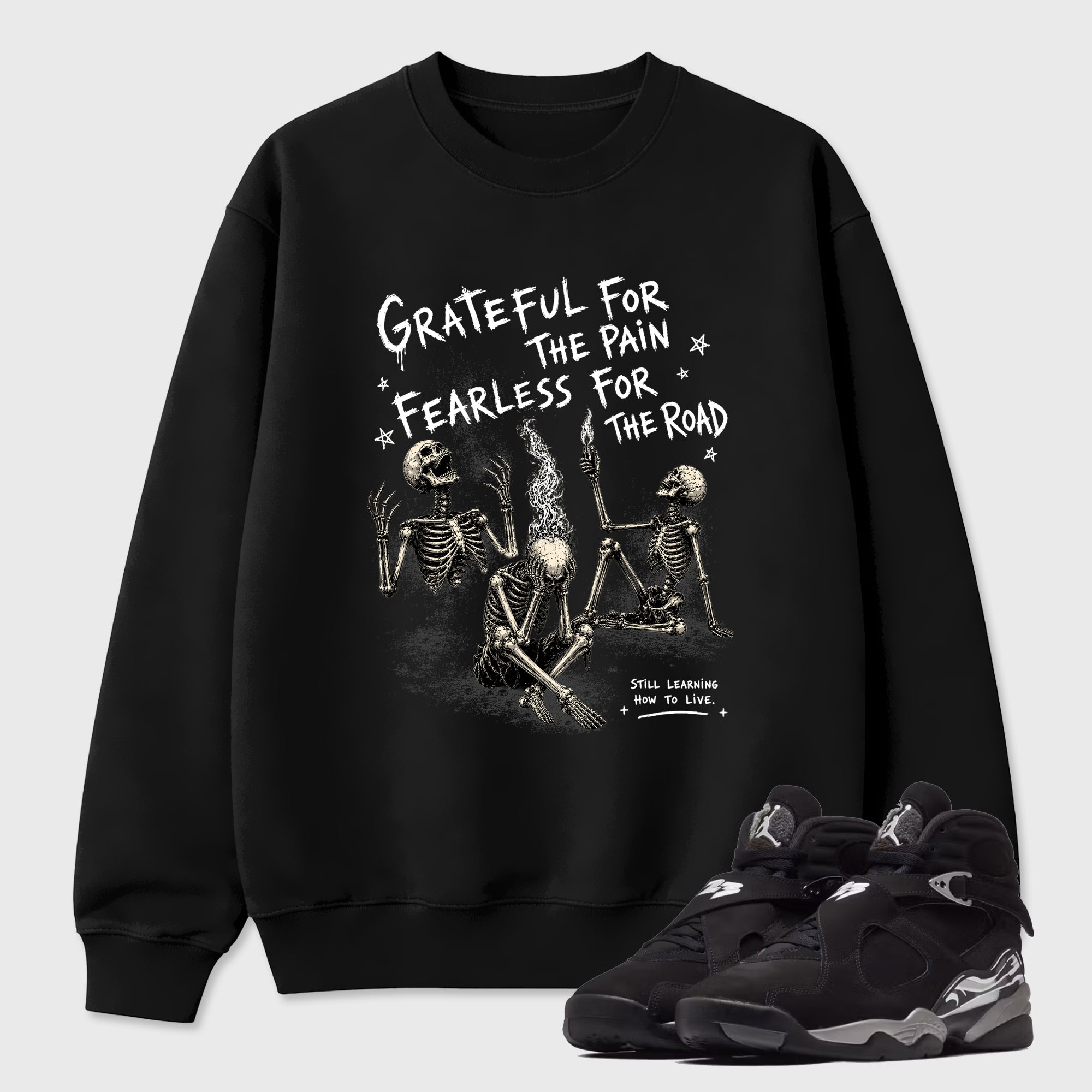 Fearless Road Graphic T-Shirt featuring original streetwear artwork designed to match the Air Jordan 8 Chrome. Black 1 Graphic Tee.