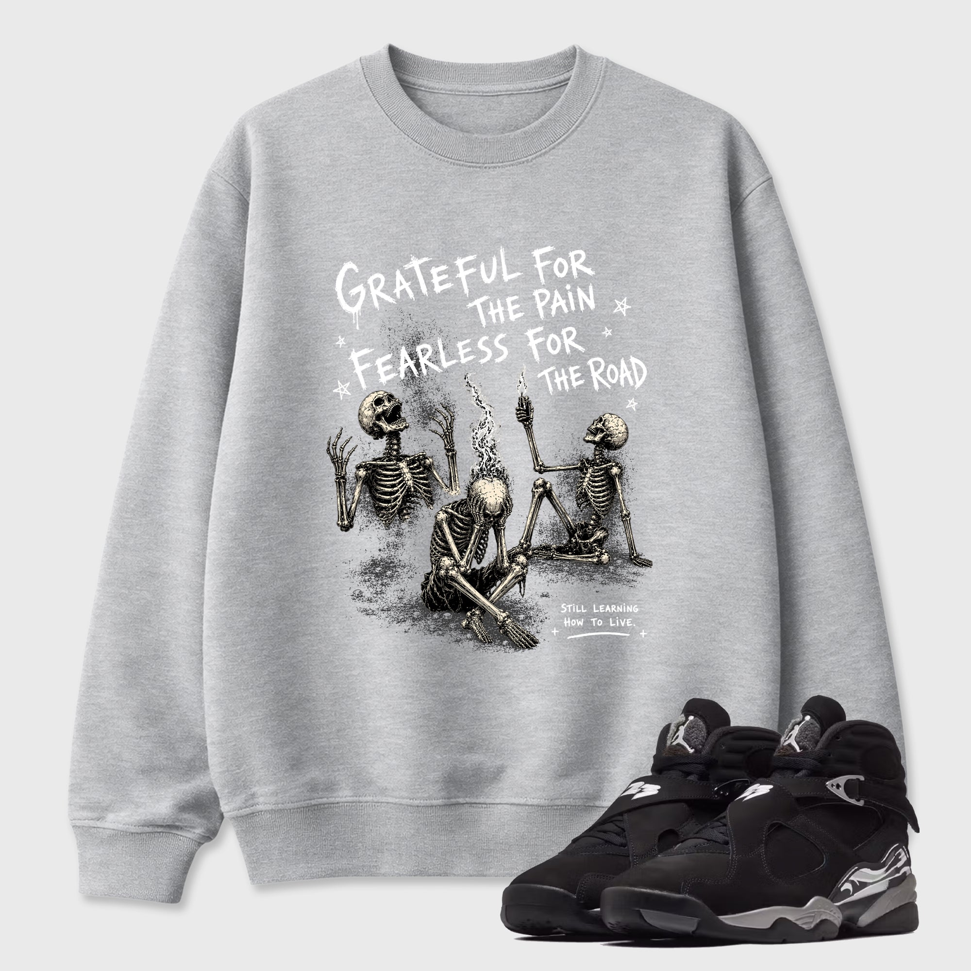 Fearless Road Graphic T-Shirt featuring original streetwear artwork designed to match the Air Jordan 8 Chrome. Heather Grey 1 Graphic Tee.
