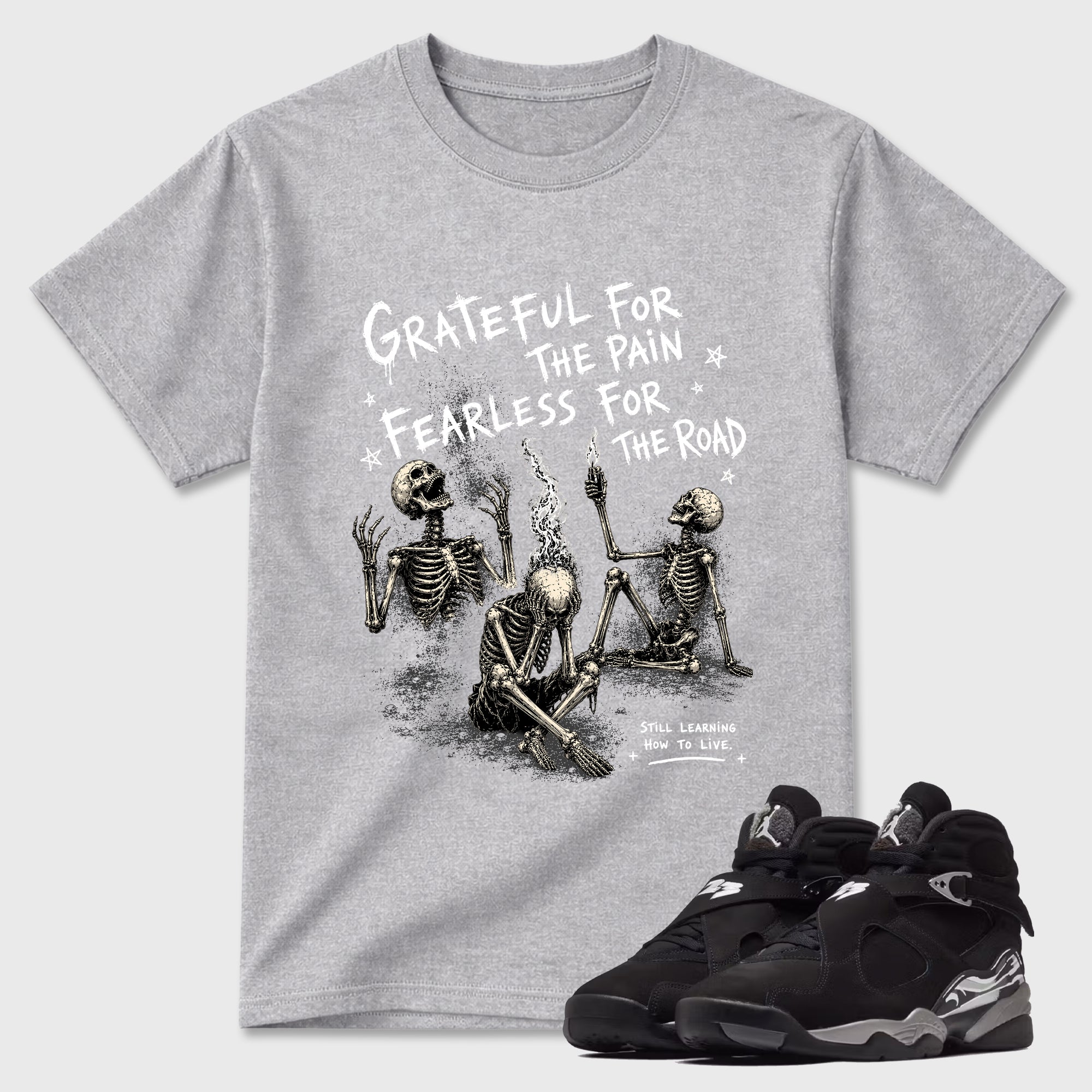 Fearless Road Graphic T-Shirt featuring original streetwear artwork designed to match the Air Jordan 8 Chrome. Heather Grey 1 Graphic T-Shirt.