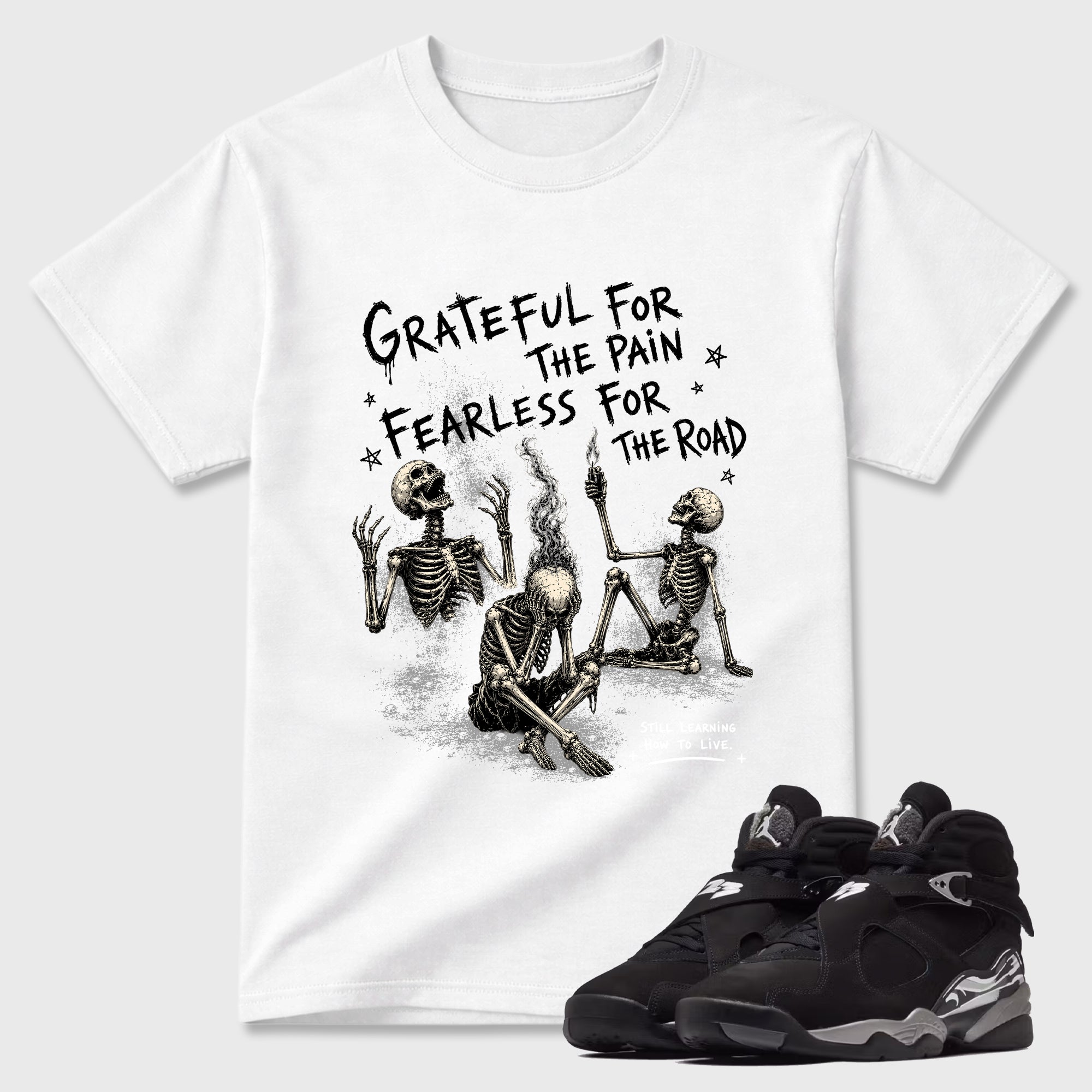 Fearless Road Graphic T-Shirt featuring original streetwear artwork designed to match the Air Jordan 8 Chrome. White 1 Graphic T-Shirt.