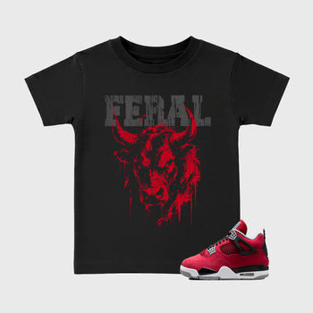 Feral affordable baby and kids t-shirt designed to match the Air Jordan 4 Toro Bravo, featuring coordinated Black 1 options for the perfect little sneakerhead streetwear look.