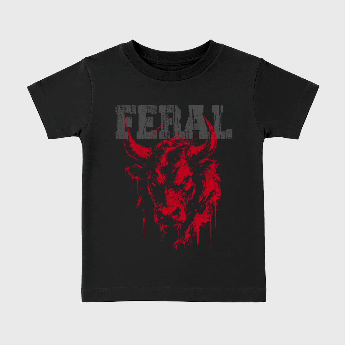 Feral affordable baby and kids t-shirt designed to match the Air Jordan 4 Toro Bravo, featuring coordinated Black 2 options for the perfect little sneakerhead streetwear look.