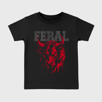 Feral affordable baby and kids t-shirt designed to match the Air Jordan 4 Toro Bravo, featuring coordinated Black 2 options for the perfect little sneakerhead streetwear look.