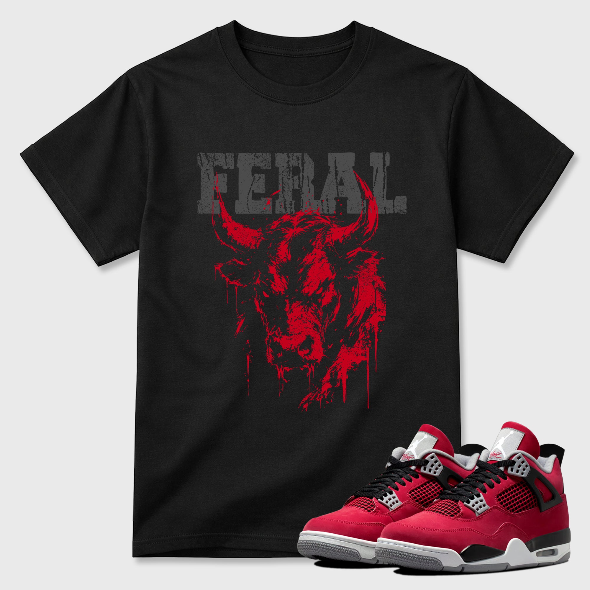 Feral Graphic T-Shirt sneaker match tee designed for the Air Jordan 4 Toro Bravo, featuring coordinated color options for a perfect streetwear match. Black 1 shirt.
