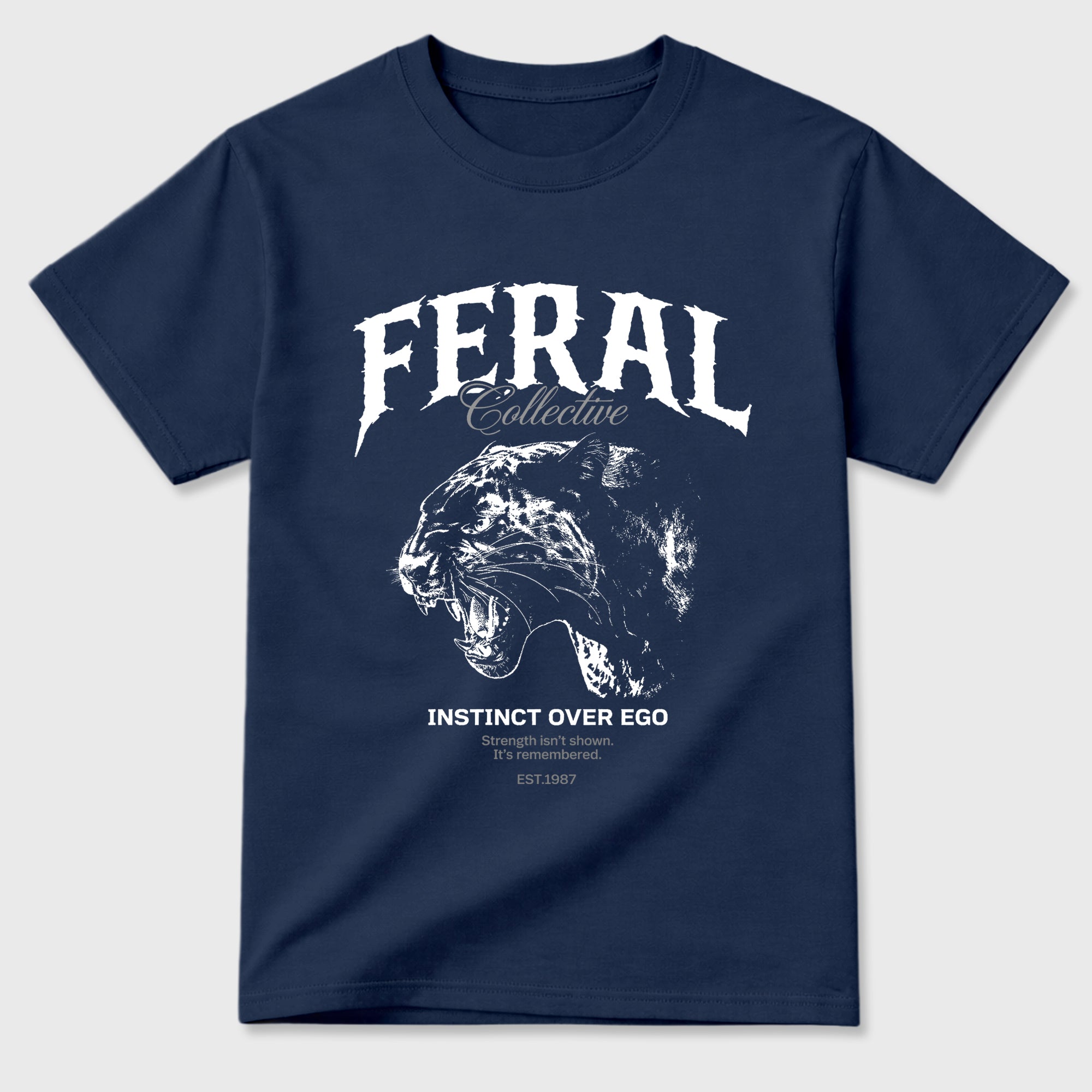 Feral Collective Graphic T-Shirt featuring original streetwear artwork designed to match the Air Jordan 13 Flint. Navy 2 Graphic T-Shirt.
