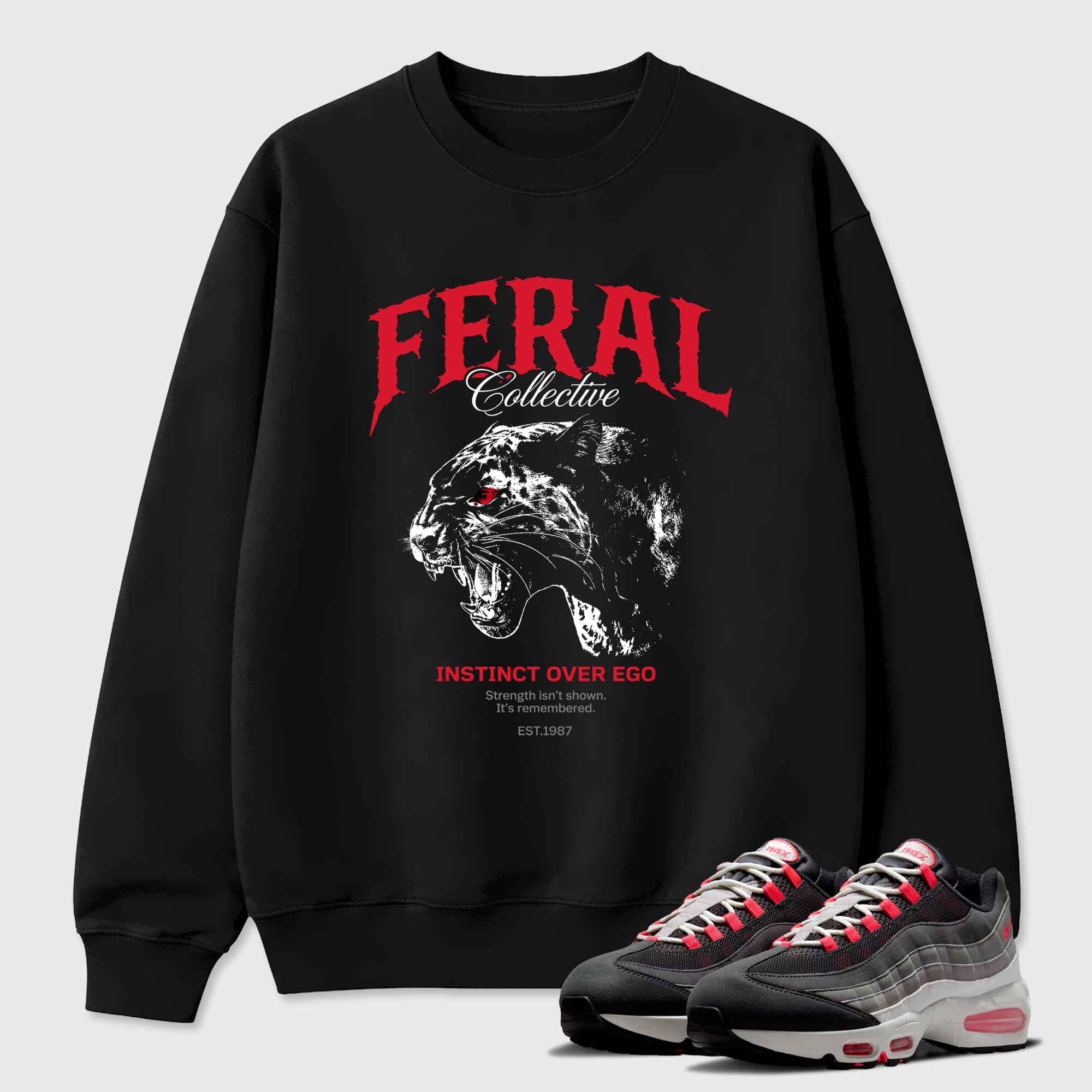 Feral Collective Graphic T-Shirt featuring original streetwear artwork designed to match the Air Max 95 Reverse Solar Red. Black 1 Graphic Tee.
