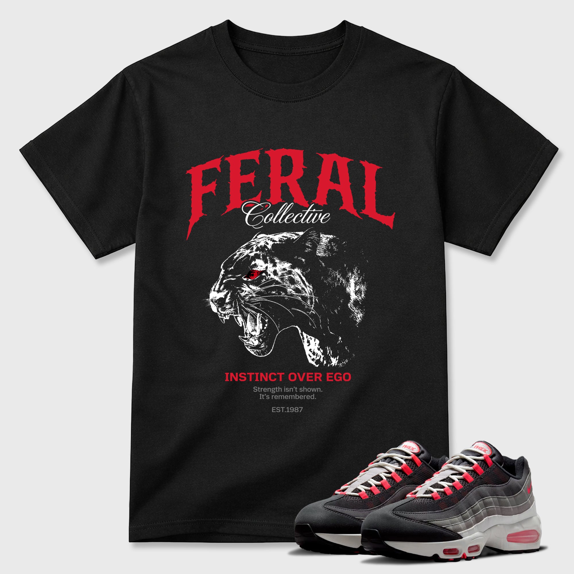 Feral Collective Graphic T-Shirt featuring original streetwear artwork designed to match the Air Max 95 Reverse Solar Red. Black 1 Graphic T-Shirt.