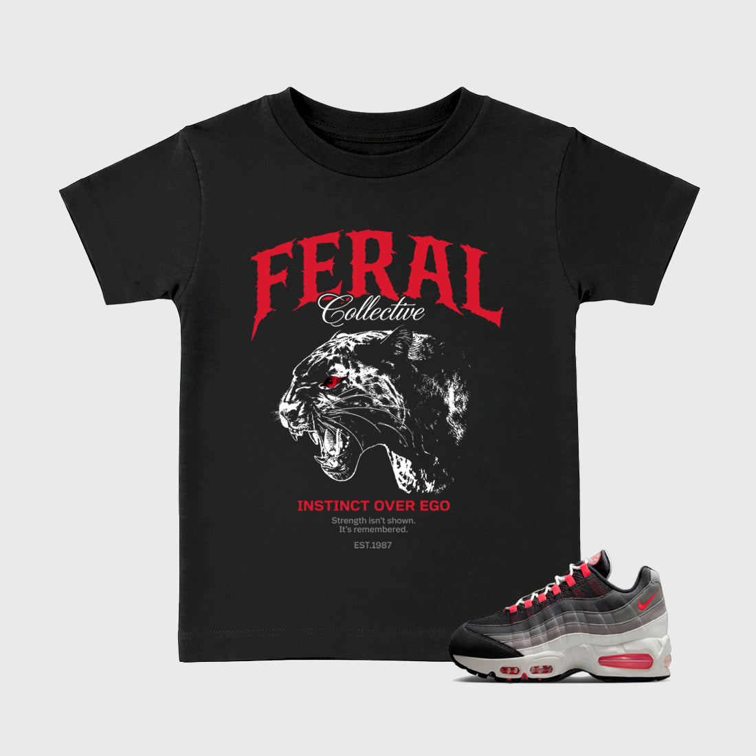 Feral Collective Baby & Kids Graphic T-Shirt featuring original artwork designed to match the Air Max 95 Reverse Solar Red. Black 1 Kids Graphic Tee.