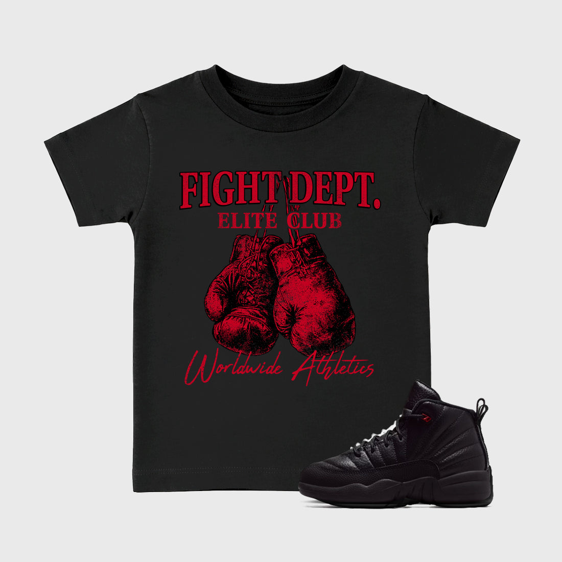 Fight Dept affordable baby and kids t-shirt designed to match the Air Jordan 12 Retro Bloodline, featuring coordinated Black 1 options for the perfect little sneakerhead streetwear look.