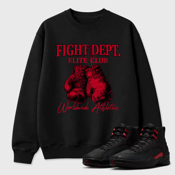 Fight Dept Graphic T-Shirt sneaker match tee designed for the Air Jordan 12 Retro Bloodline, featuring coordinated color options for a perfect streetwear match. Black 1 shirt.