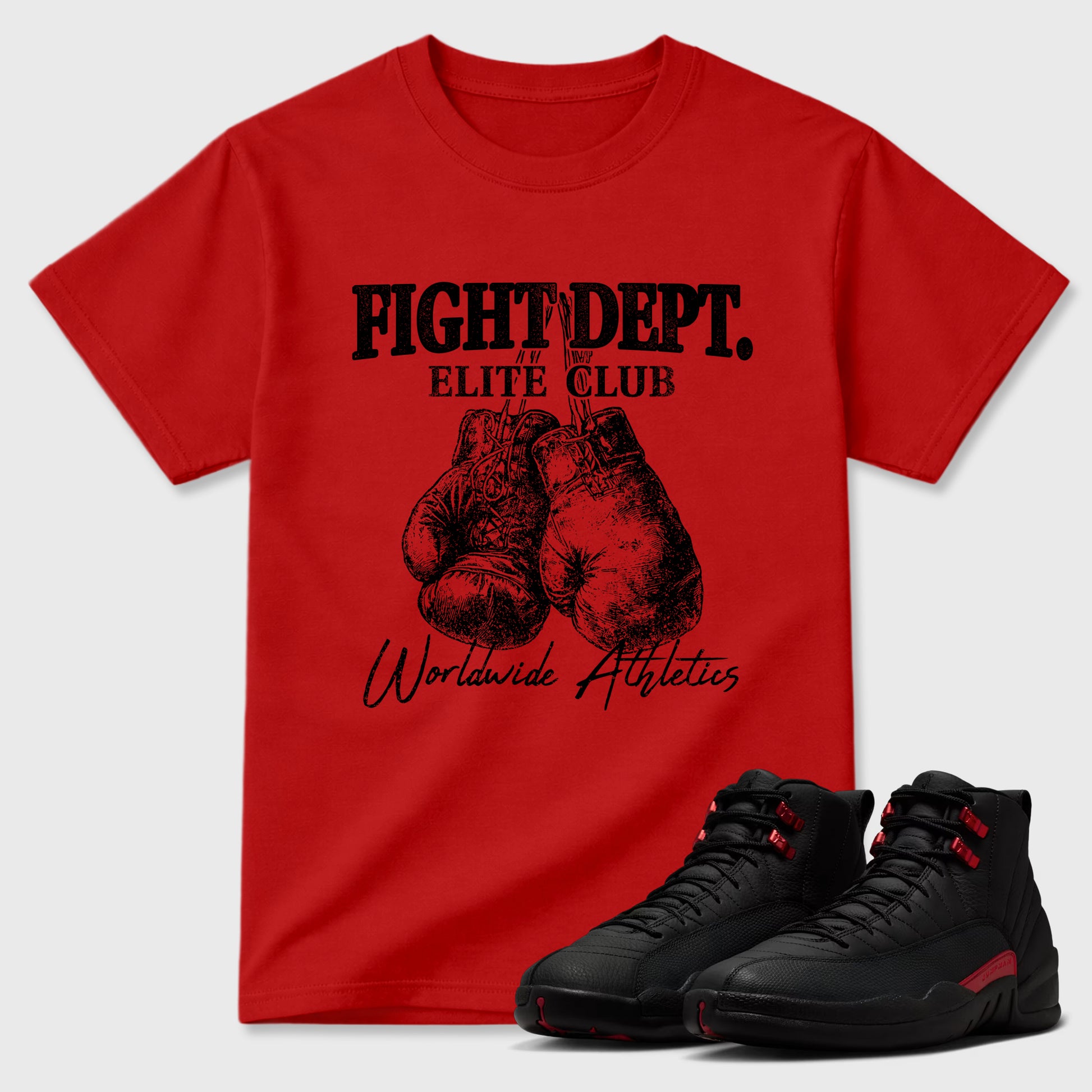 Fight Dept Graphic T-Shirt sneaker match tee designed for the Air Jordan 12 Retro Bloodline, featuring coordinated color options for a perfect streetwear match. Red 1 shirt.