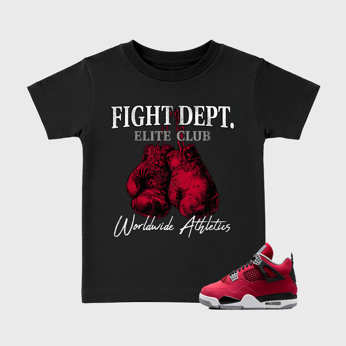 Sneaker match tees – Sneaker Tees To Match Air Jordan 4 Toro Bravo Shoes – Fight Dept Kids T-Shirt Black 1