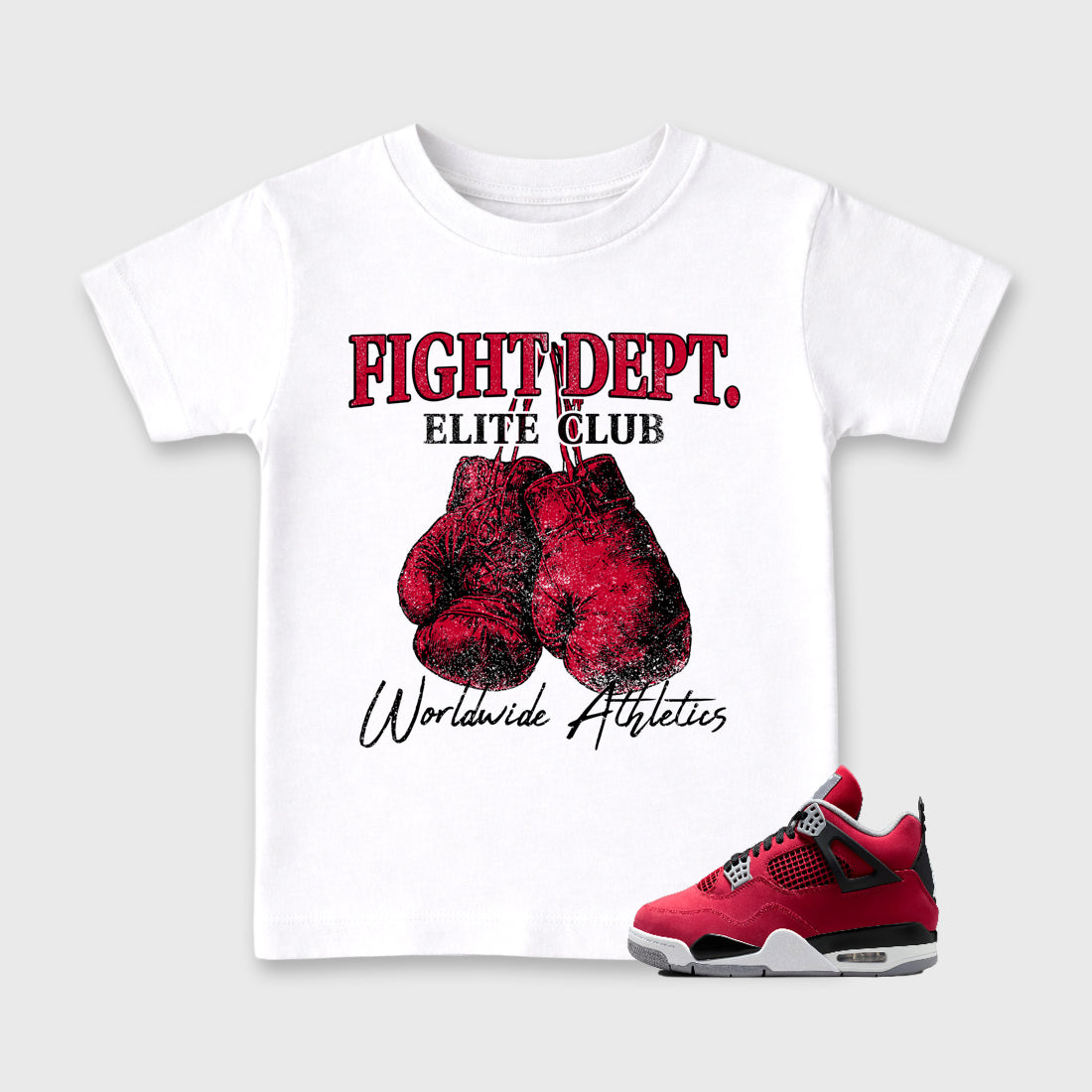 Sneaker match tees – Sneaker Tees To Match Air Jordan 4 Toro Bravo Shoes – Fight Dept Kids T-Shirt White 1