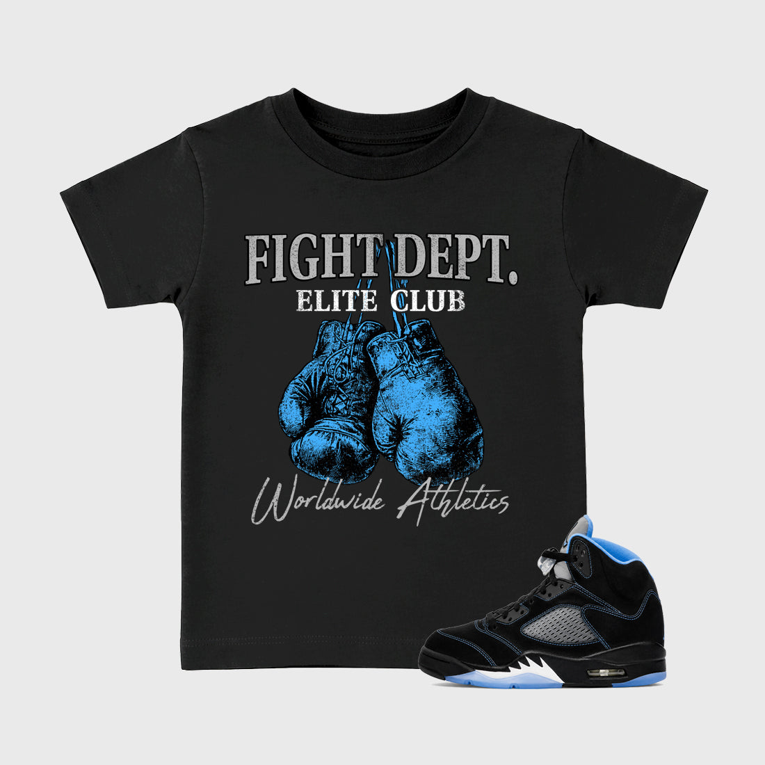 Fight Dept affordable baby and kids t-shirt designed to match the Air Jordan 5 Black Carolina, featuring coordinated Black 1 options for the perfect little sneakerhead streetwear look.