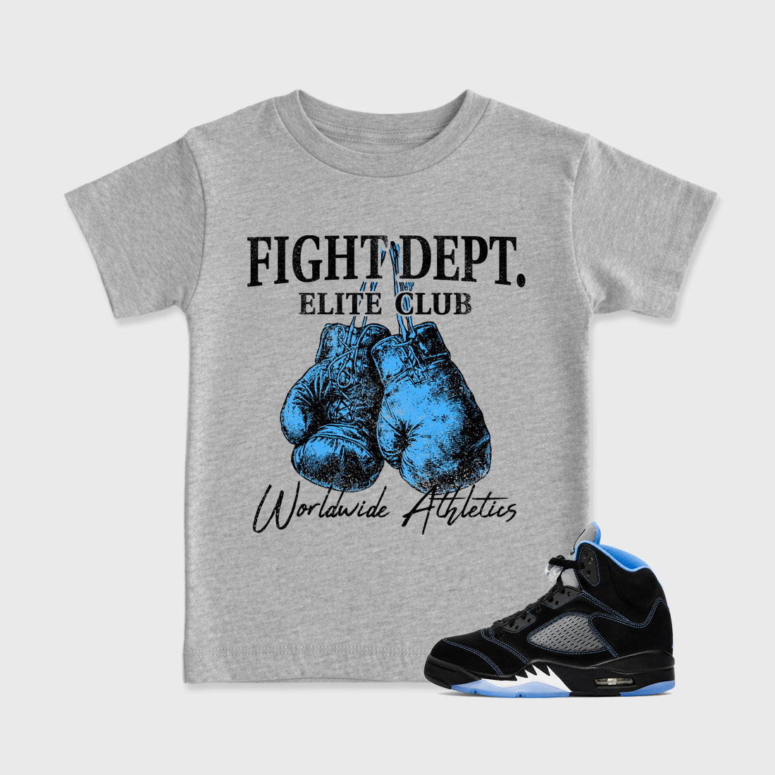 Fight Dept affordable baby and kids t-shirt designed to match the Air Jordan 5 Black Carolina, featuring coordinated Heather Grey 1 options for the perfect little sneakerhead streetwear look.