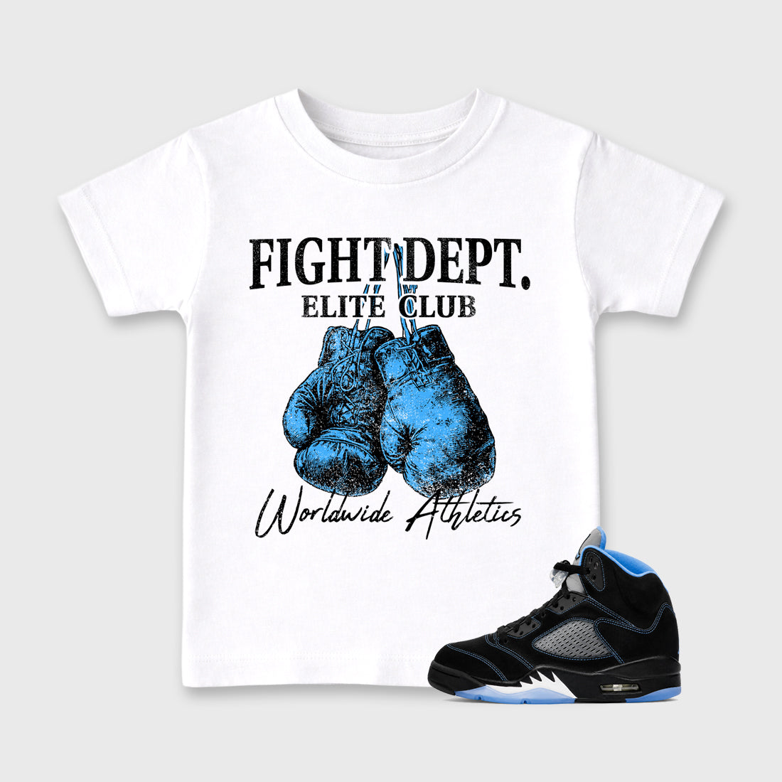 Fight Dept affordable baby and kids t-shirt designed to match the Air Jordan 5 Black Carolina, featuring coordinated White 1 options for the perfect little sneakerhead streetwear look.