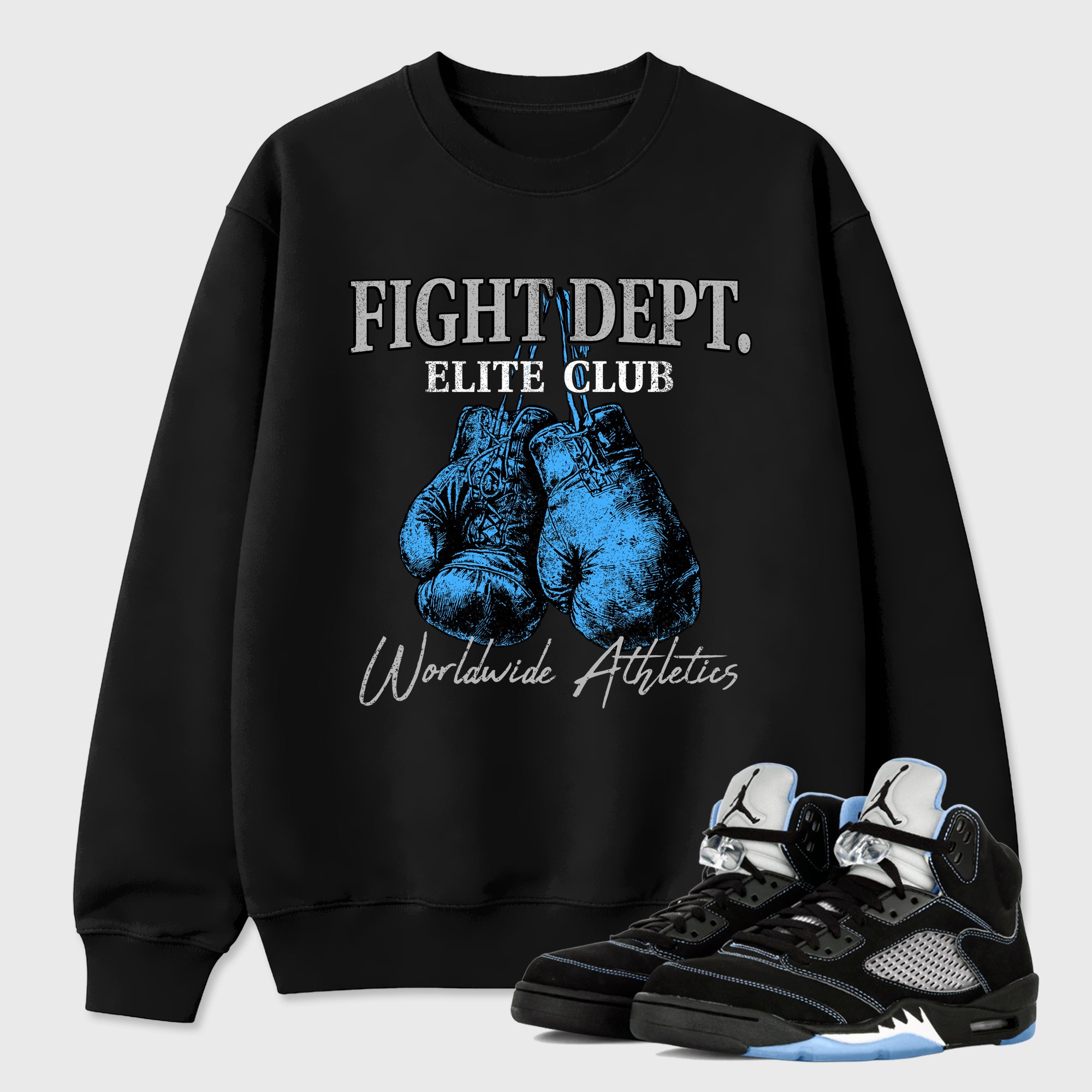 Fight Dept Graphic T-Shirt sneaker match tee designed for the Air Jordan 5 Black Carolina, featuring coordinated color options for a perfect streetwear match. Black 1 shirt.