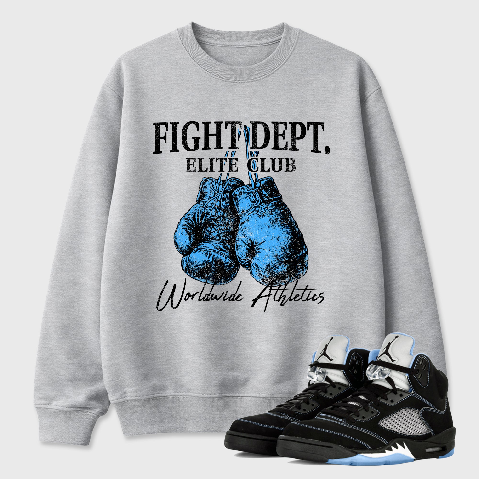 Fight Dept Graphic T-Shirt sneaker match tee designed for the Air Jordan 5 Black Carolina, featuring coordinated color options for a perfect streetwear match. Heather Grey 1 shirt.