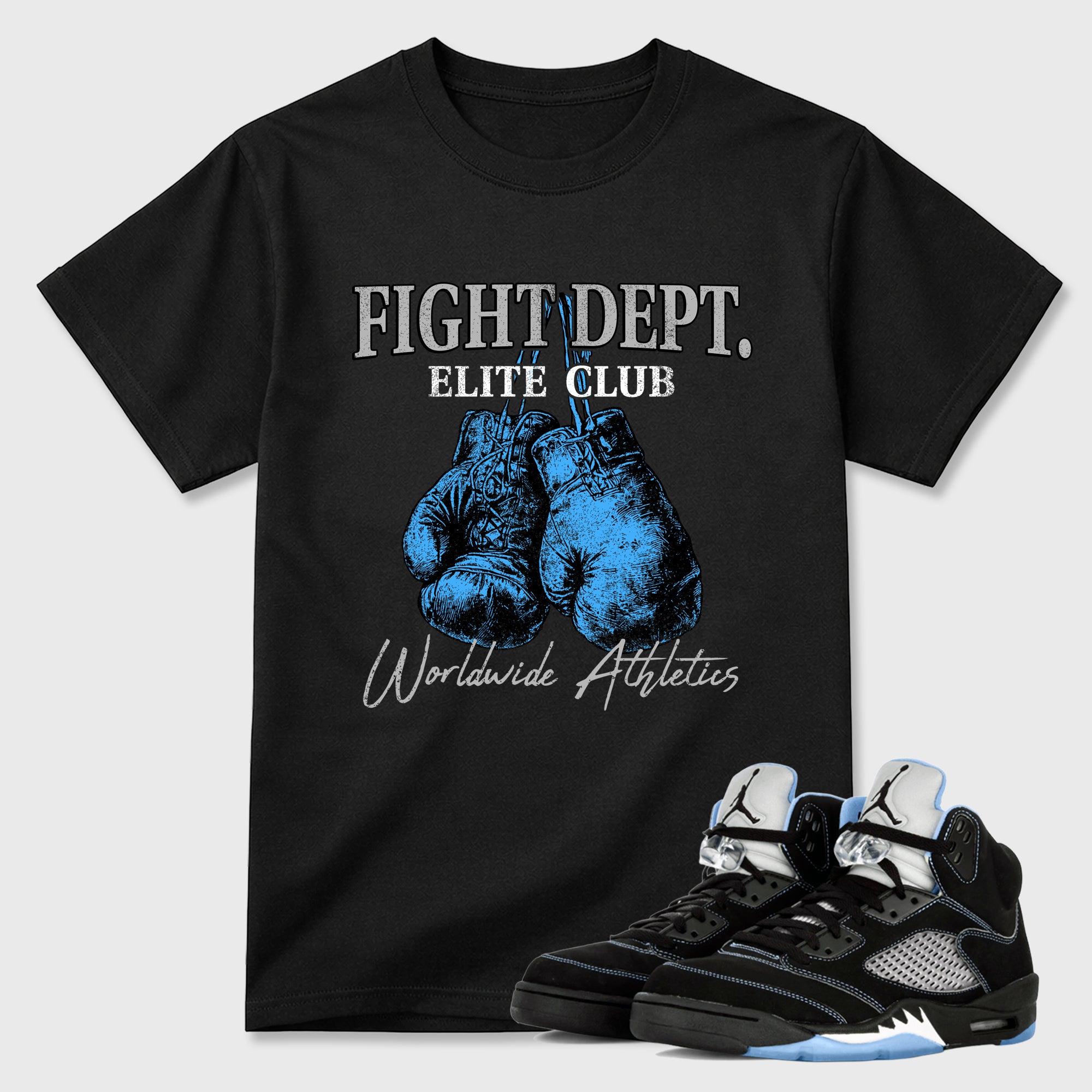 Fight Dept Graphic T-Shirt sneaker match tee designed for the Air Jordan 5 Black Carolina, featuring coordinated color options for a perfect streetwear match. Black 1 shirt.