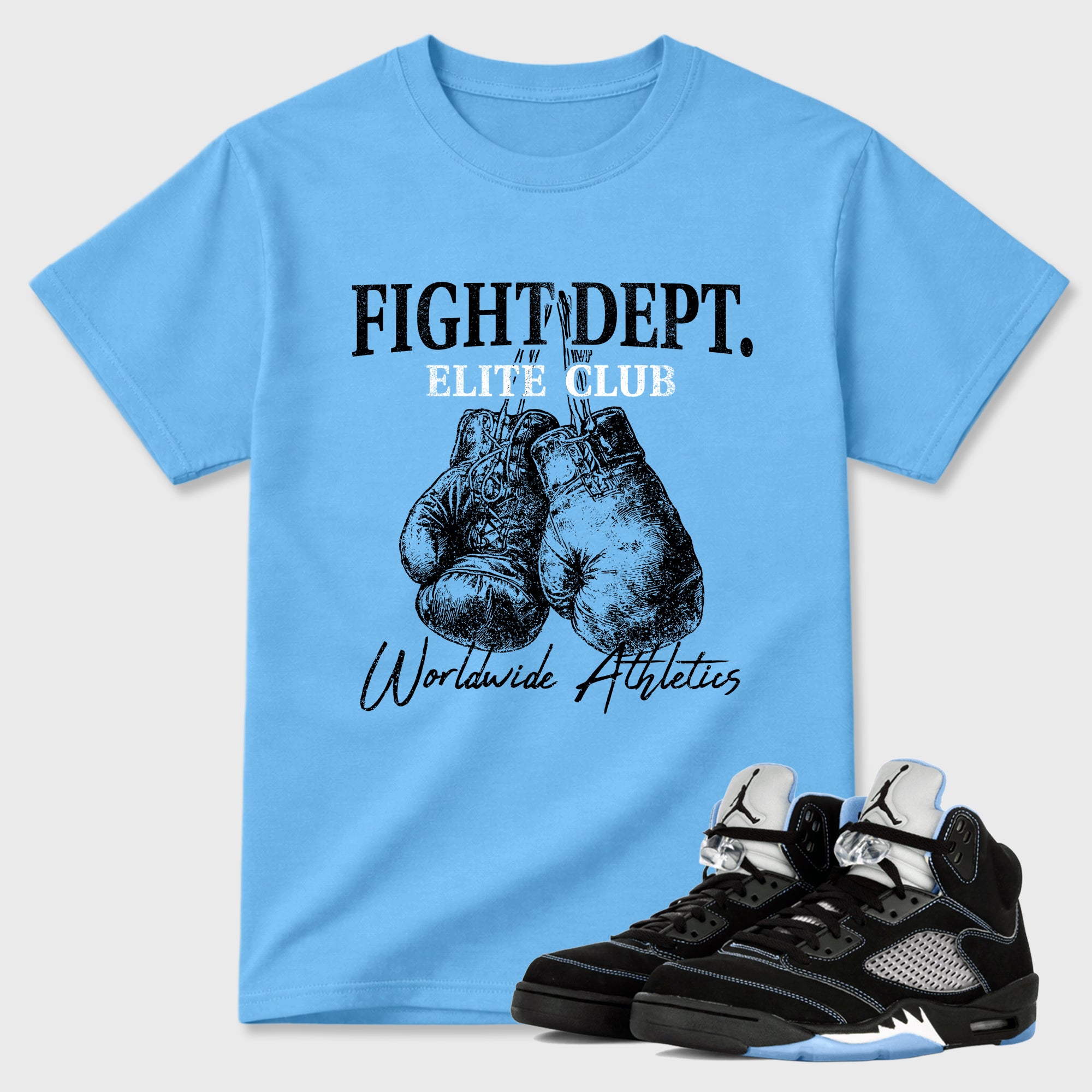 Fight Dept Graphic T-Shirt sneaker match tee designed for the Air Jordan 5 Black Carolina, featuring coordinated color options for a perfect streetwear match. Carolina Blue 1 shirt.