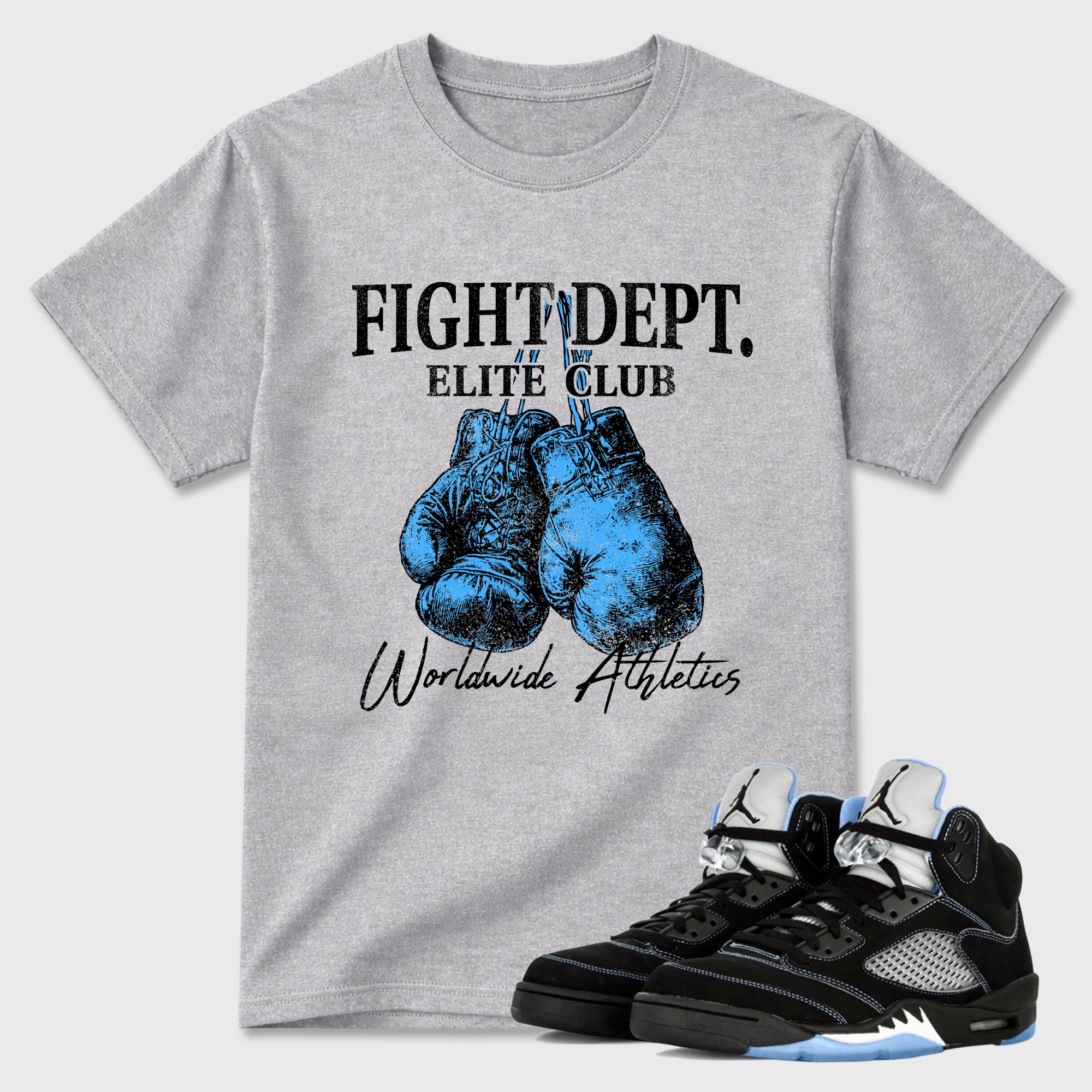 Fight Dept Graphic T-Shirt sneaker match tee designed for the Air Jordan 5 Black Carolina, featuring coordinated color options for a perfect streetwear match. Heather Grey 1 shirt.