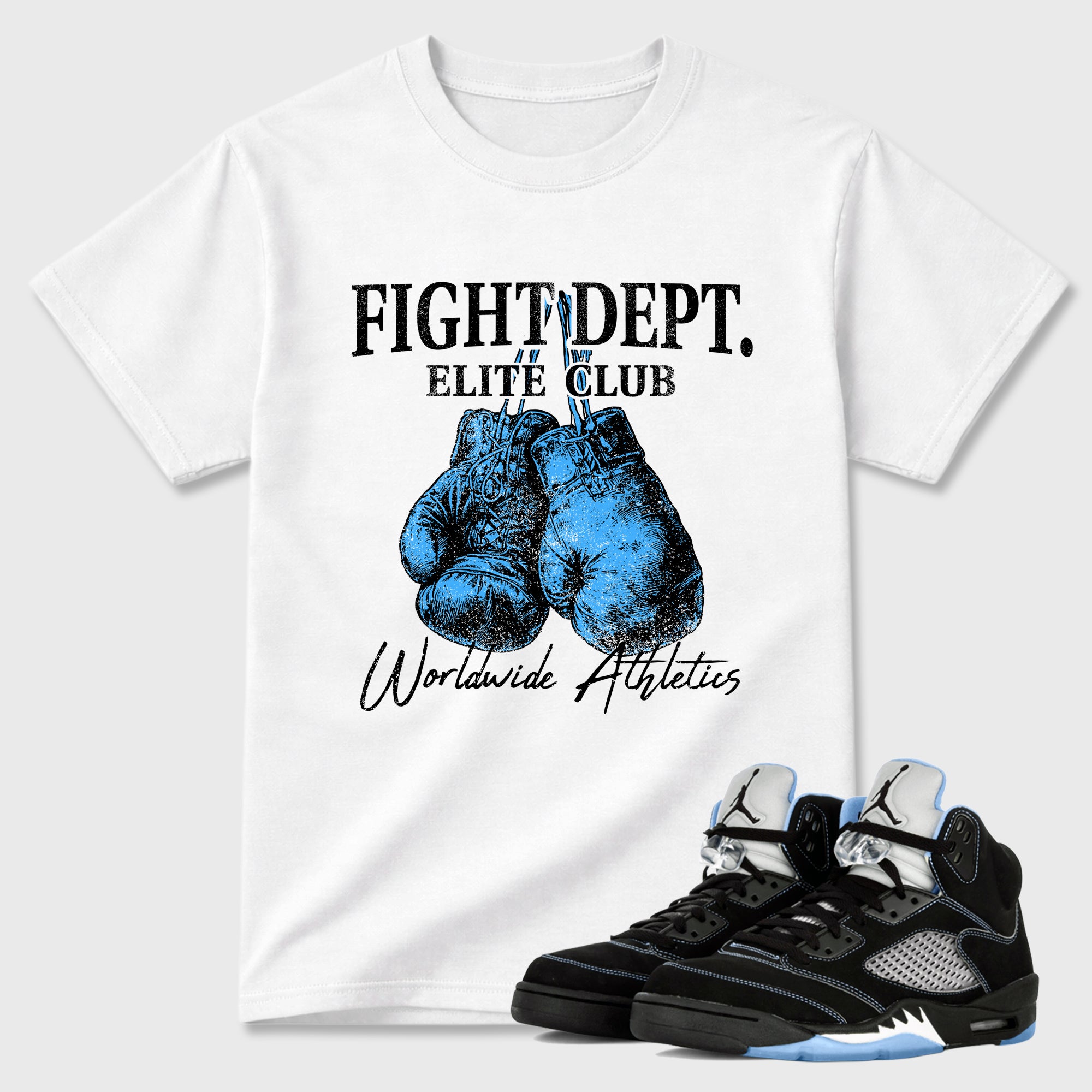 Fight Dept Graphic T-Shirt sneaker match tee designed for the Air Jordan 5 Black Carolina, featuring coordinated color options for a perfect streetwear match. White 1 shirt.