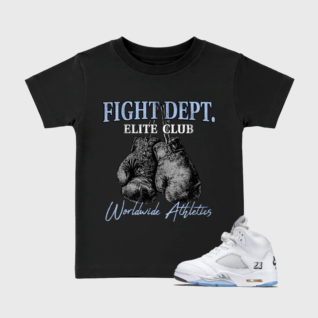 Sneaker match tees – Sneaker Tees To Match Air Jordan 5 White Metallic Shoes – Fight Dept Kids T-Shirt Black 1