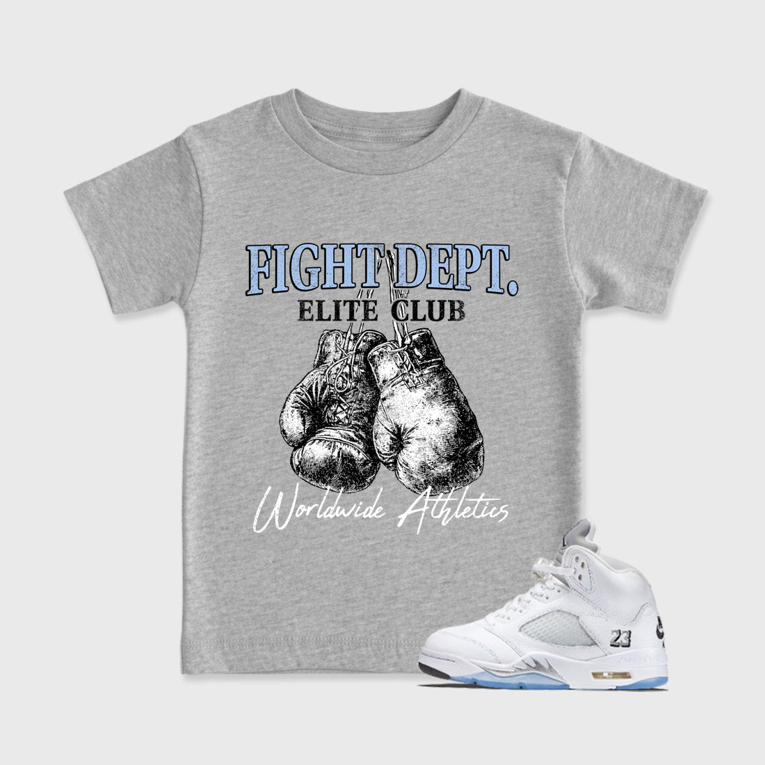 Sneaker match tees – Sneaker Tees To Match Air Jordan 5 White Metallic Shoes – Fight Dept Kids T-Shirt Heather Grey 1