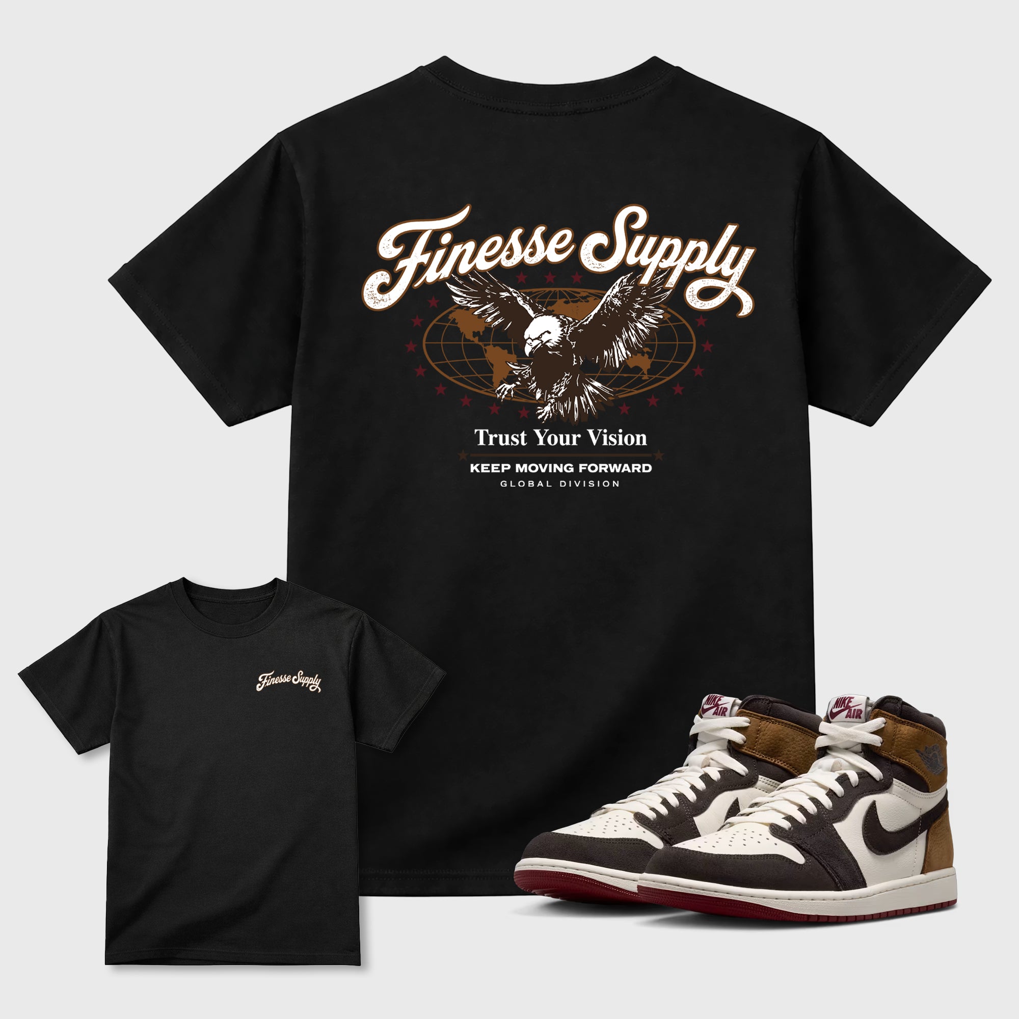 Finesse Supply Graphic T-Shirt featuring original streetwear artwork designed to match the Air Jordan 1 Love Letter. Black Graphic T-Shirt.