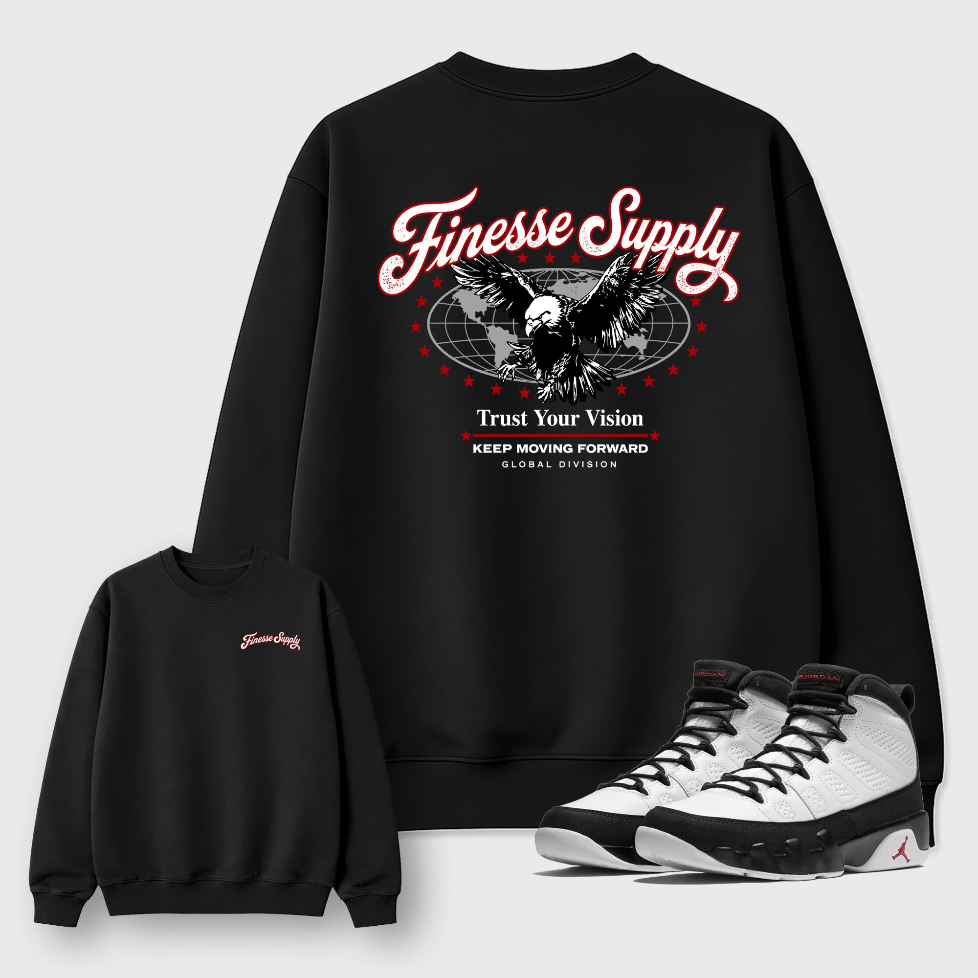 Finesse Supply Graphic T-Shirt featuring original streetwear artwork designed to match the Air Jordan 9 True Red. Black Graphic Tee.