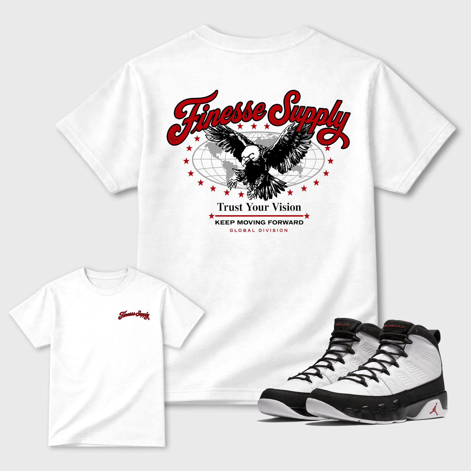Finesse Supply Graphic T-Shirt featuring original streetwear artwork designed to match the Air Jordan 9 True Red. White Graphic T-Shirt.