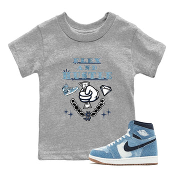 1s Denim shirts to match jordans Flex And Hustle sneaker match tees Air Jordan 1 Denim SNRT Sneaker Tees streetwear brand Baby and Youth Heather Grey 1 cotton tee
