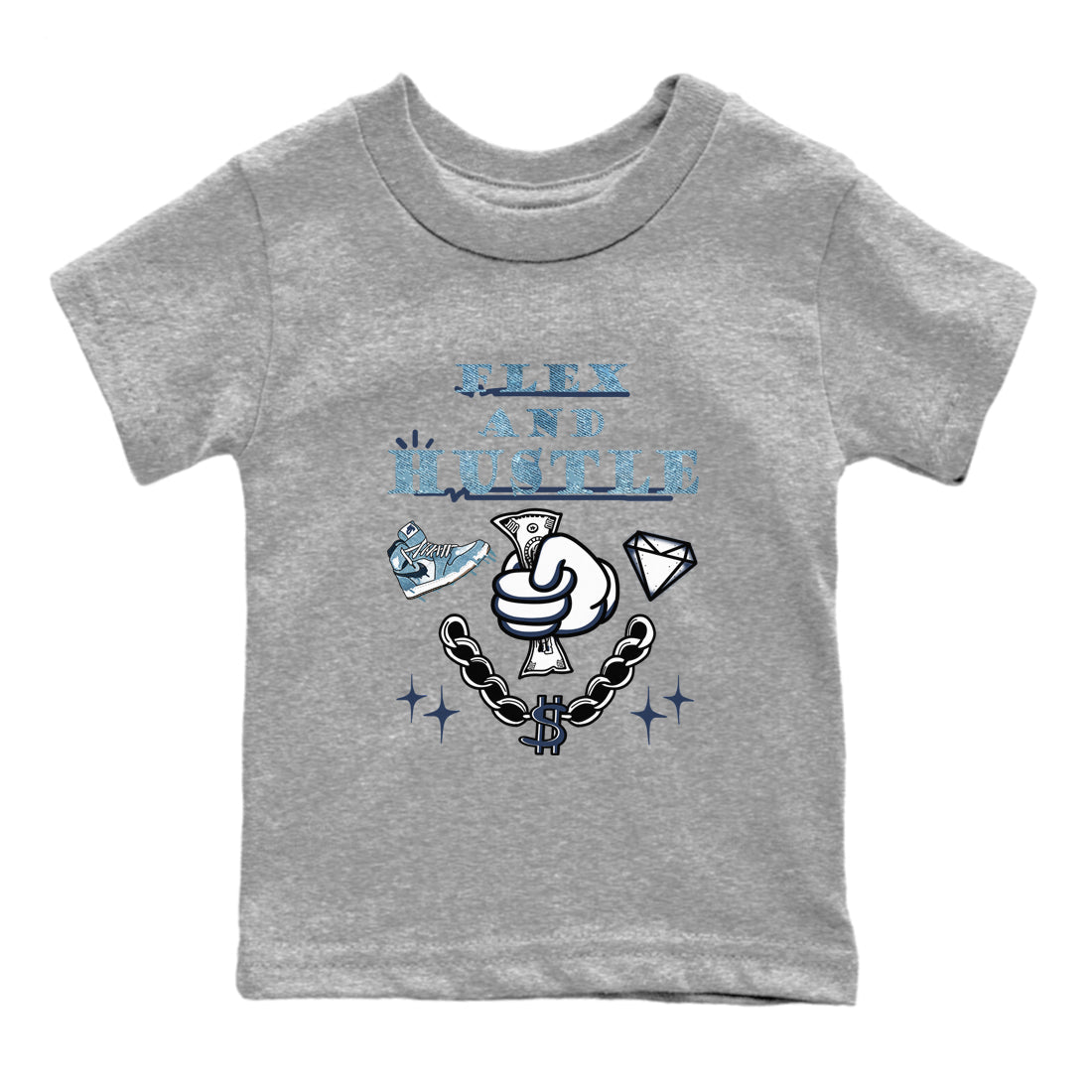 1s Denim shirts to match jordans Flex And Hustle sneaker match tees Air Jordan 1 Denim SNRT Sneaker Tees streetwear brand Baby and Youth Heather Grey 2 cotton tee