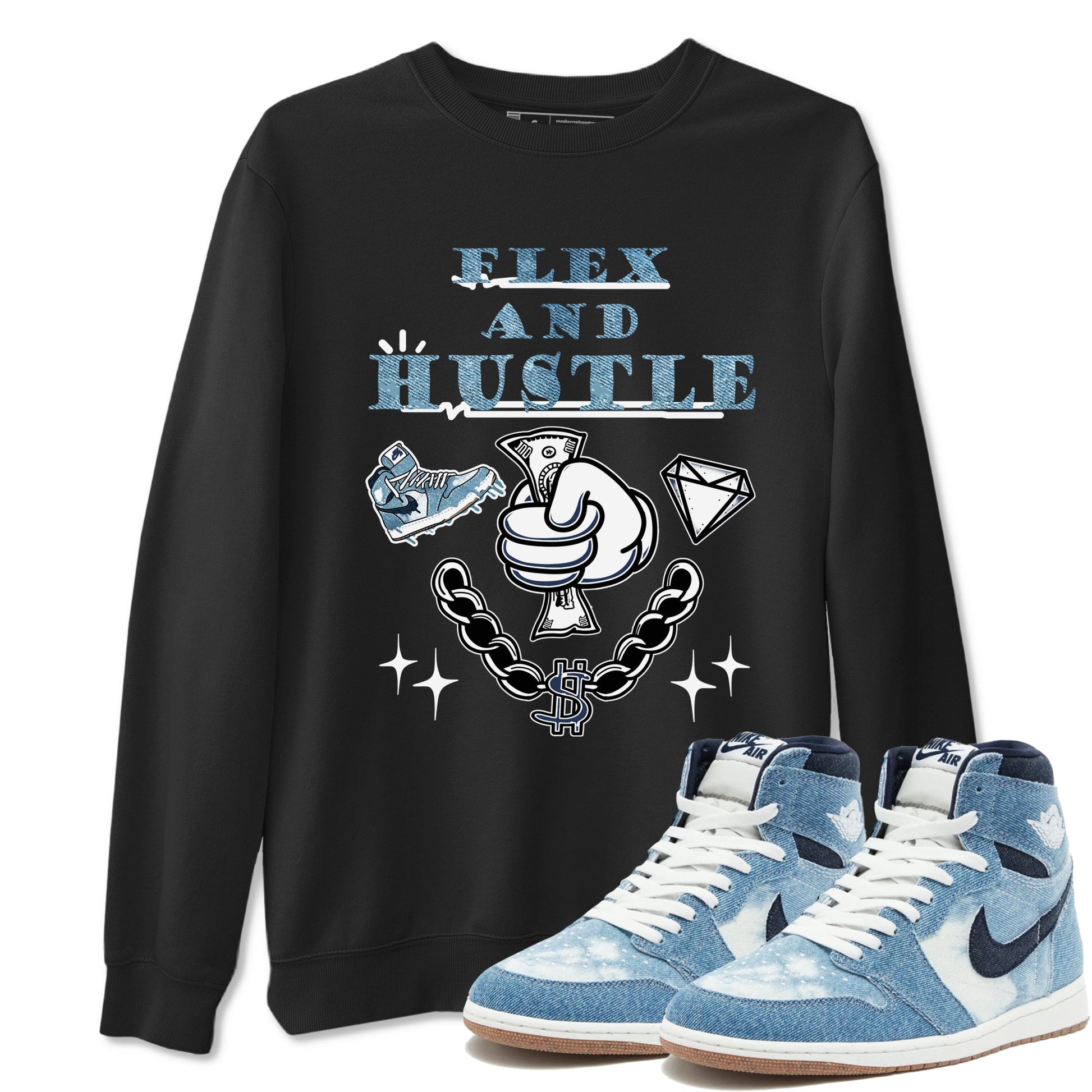 1s Denim shirts to match jordans Flex And Hustle sneaker match tees Air Jordan 1 Denim SNRT Sneaker Tees streetwear brand Black 1 unisex cotton tee