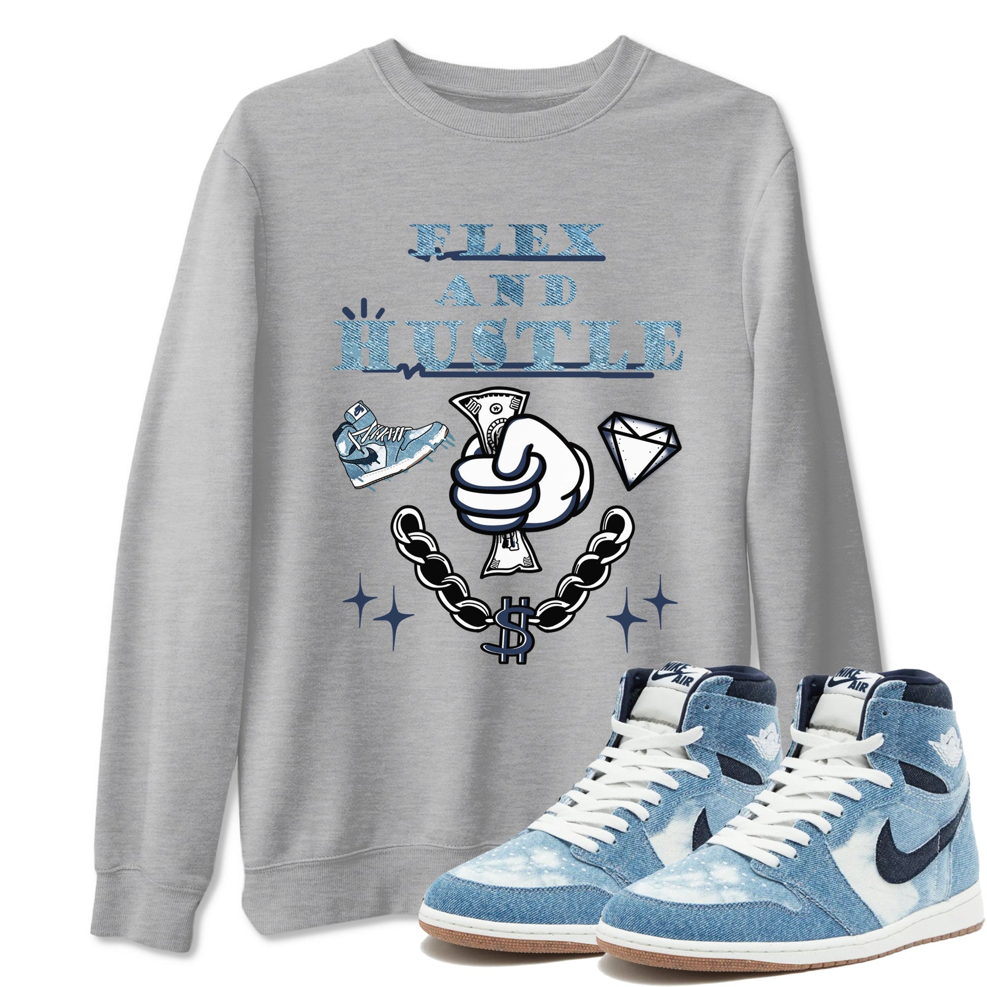 1s Denim shirts to match jordans Flex And Hustle sneaker match tees Air Jordan 1 Denim SNRT Sneaker Tees streetwear brand Heather Grey 1 unisex cotton tee