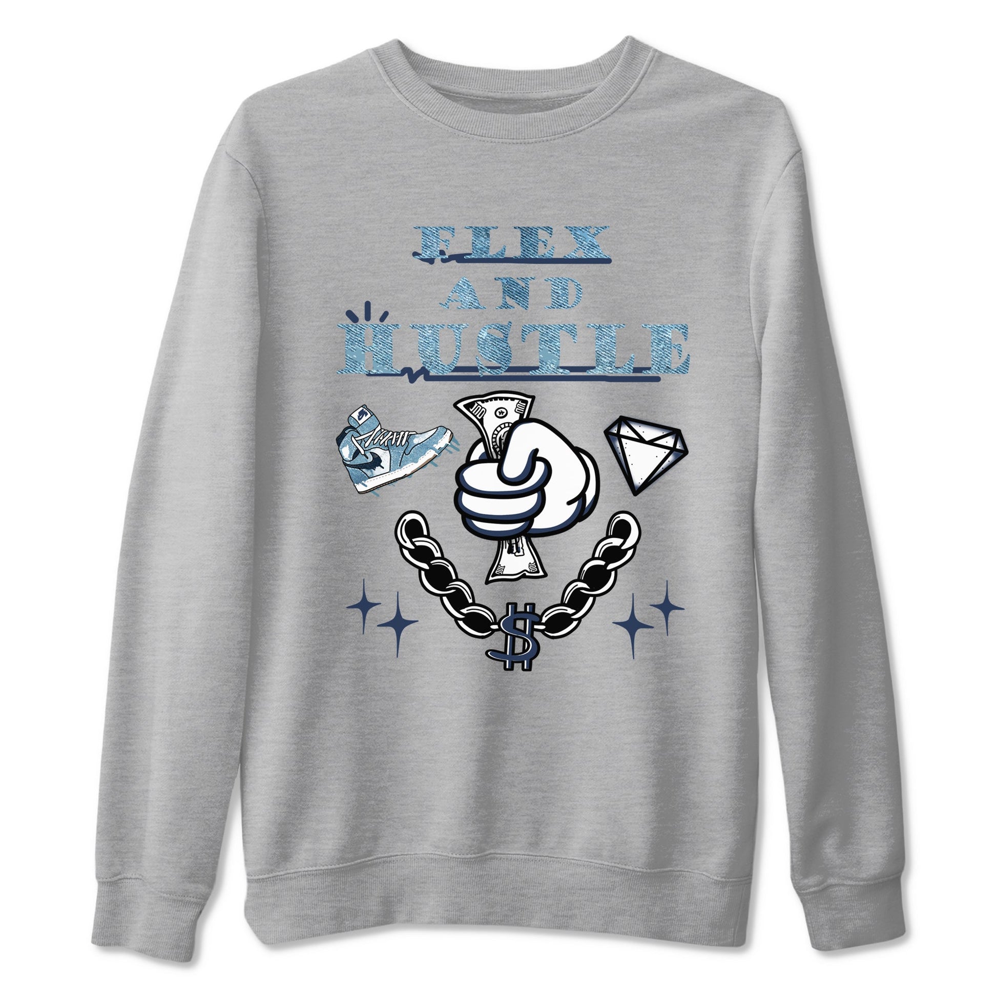 1s Denim shirts to match jordans Flex And Hustle sneaker match tees Air Jordan 1 Denim SNRT Sneaker Tees streetwear brand Heather Grey 2 unisex cotton tee