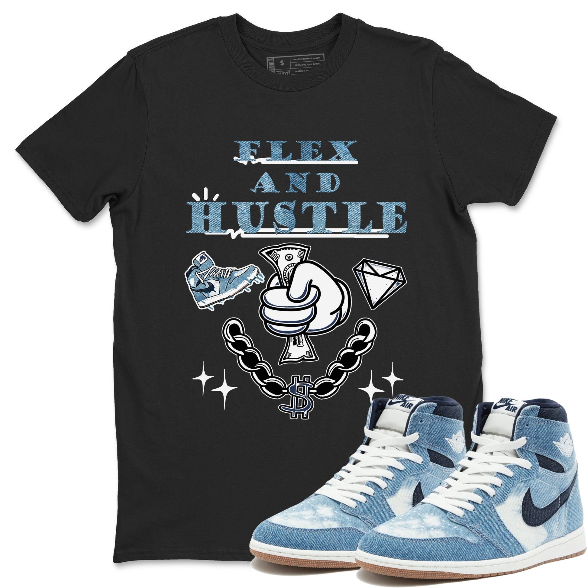 1s Denim shirts to match jordans Flex And Hustle sneaker match tees Air Jordan 1 Denim SNRT Sneaker Tees streetwear brand Black 1 unisex cotton tee