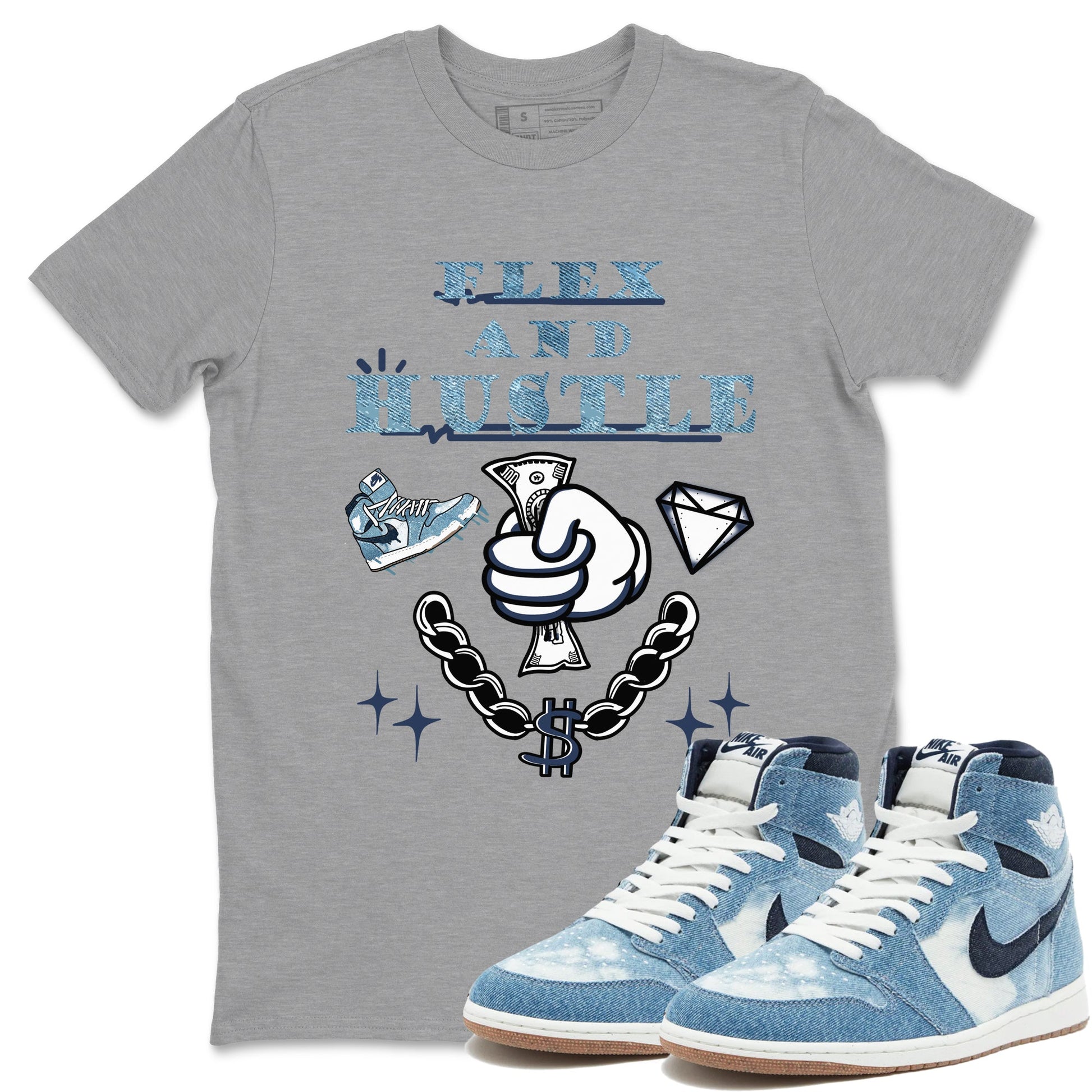 1s Denim shirts to match jordans Flex And Hustle sneaker match tees Air Jordan 1 Denim SNRT Sneaker Tees streetwear brand Heather Grey 1 unisex cotton tee