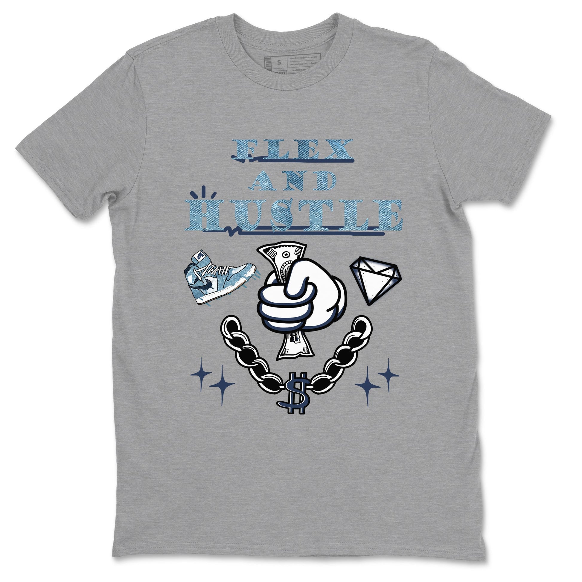 1s Denim shirts to match jordans Flex And Hustle sneaker match tees Air Jordan 1 Denim SNRT Sneaker Tees streetwear brand Heather Grey 2 unisex cotton tee