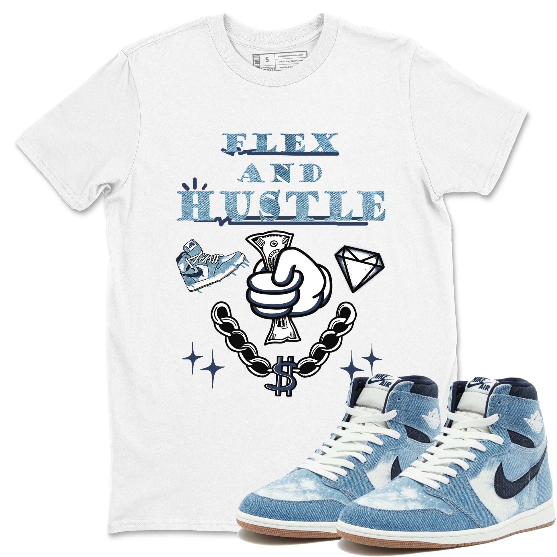 1s Denim shirts to match jordans Flex And Hustle sneaker match tees Air Jordan 1 Denim SNRT Sneaker Tees streetwear brand White 1 unisex cotton tee